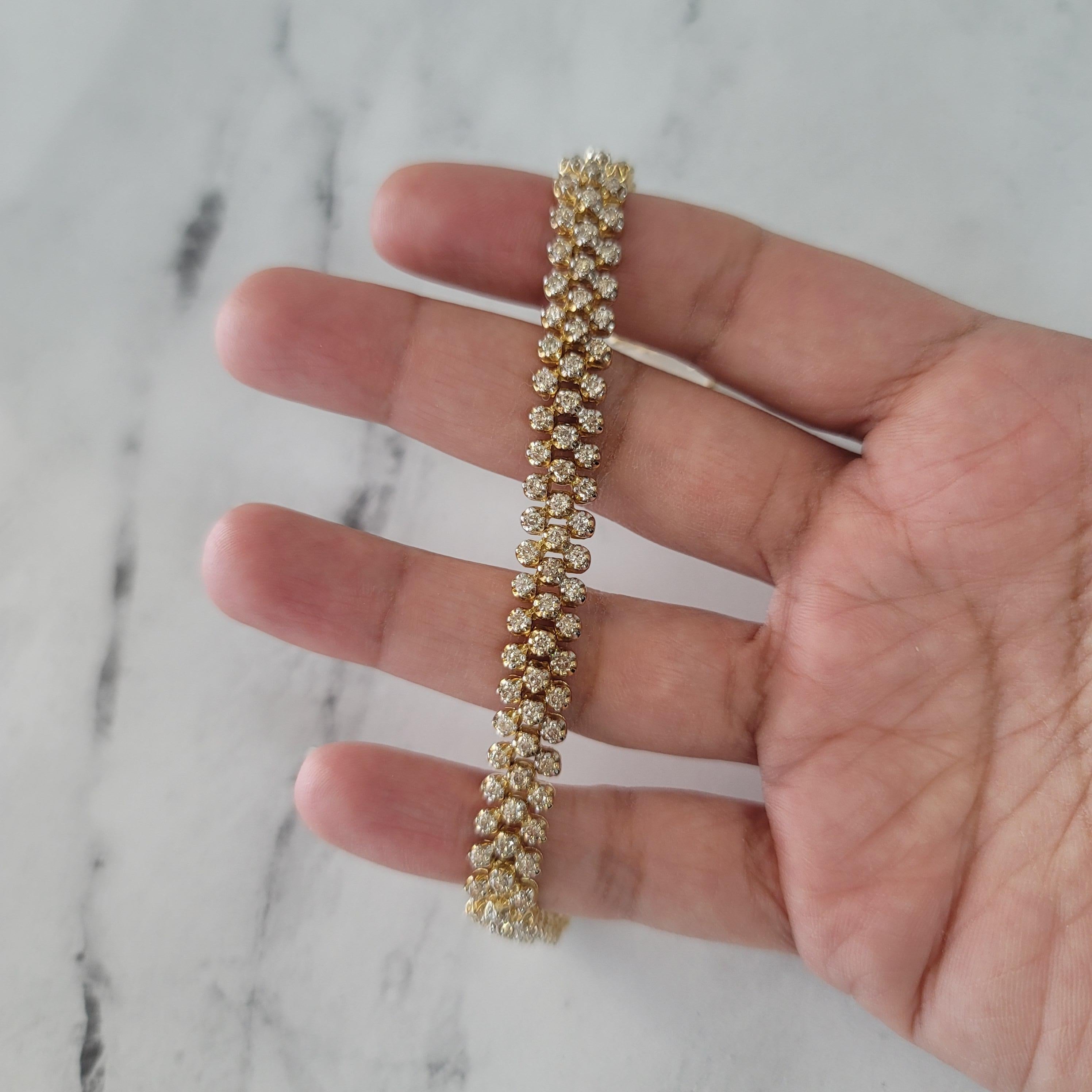 Women's or Men's Three Row Diamond Cluster Tennis Bracelet 4.05cttw 14k Yellow Gold For Sale
