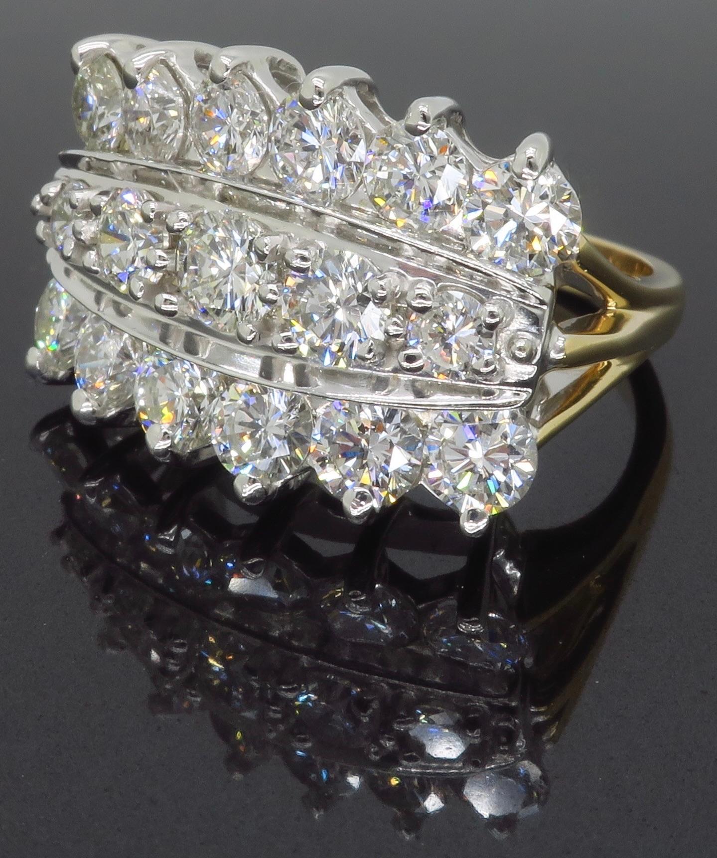 Stunning three row diamond cocktail ring made with 3.98ctw of Round Brilliant Cut Diamonds. 

Diamond Cut: Round Brilliant Cut
Total Diamond Carat Weight: Approximately 3.98CTW
Average Diamond Color: F-H
Average Diamond Clarity: VS-SI
Metal: 14k