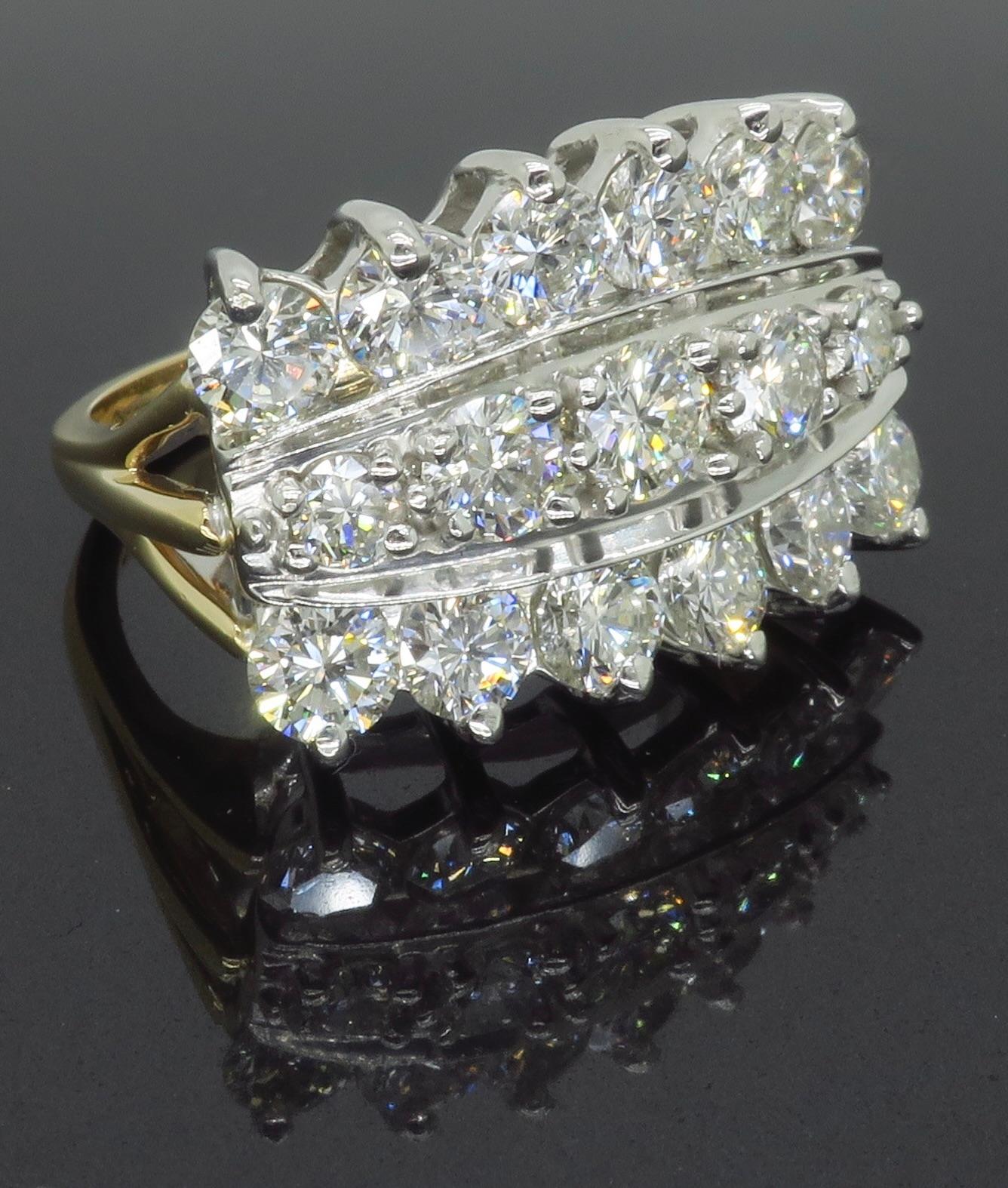 Round Cut Three Row Diamond Cocktail Ring Made in 14k White Gold