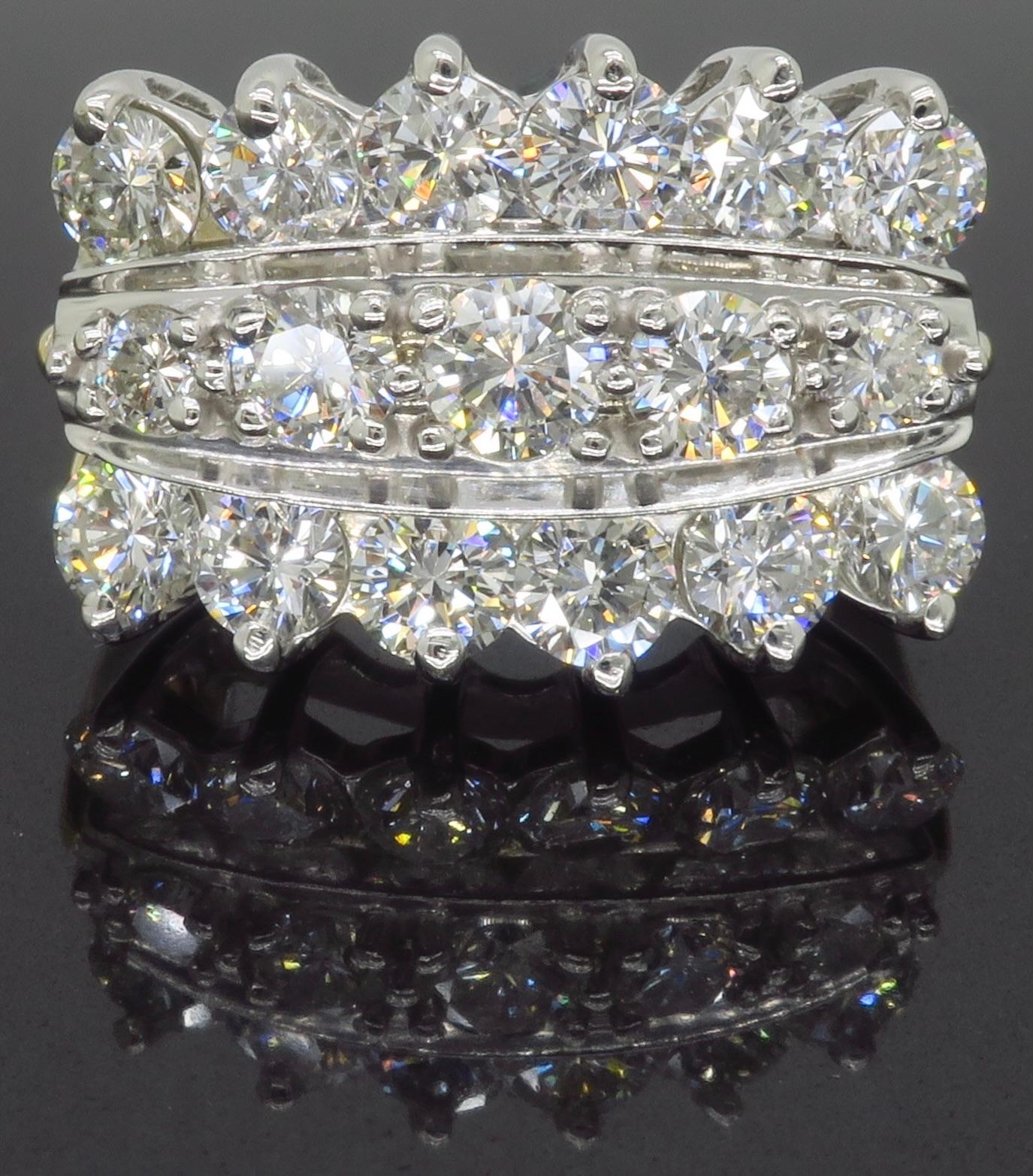 Three Row Diamond Cocktail Ring Made in 14k White Gold In Excellent Condition In Webster, NY