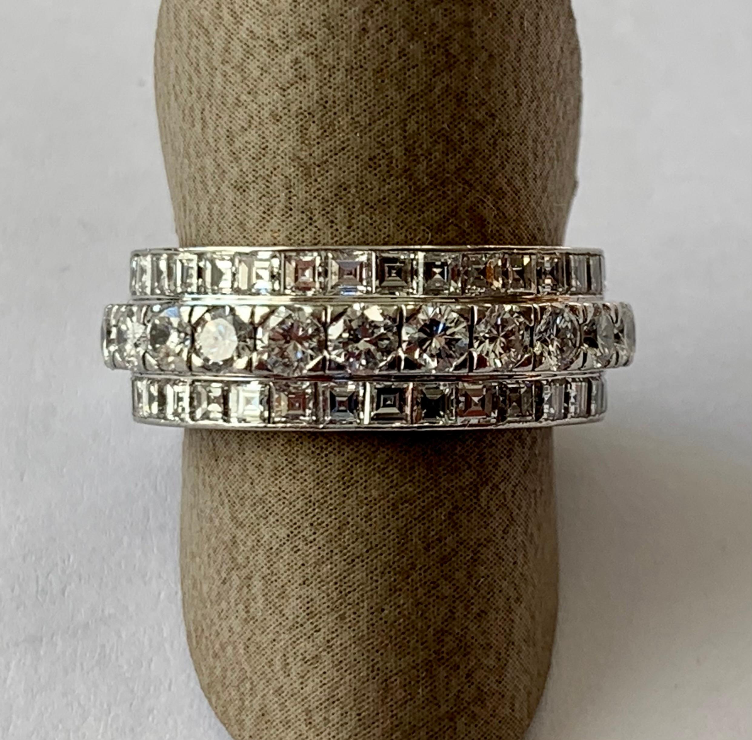Stunning diamond eternity ring featuring high grade G colo andr vs clarity diamonds with a total weight of 4.50 ct. This ring features baguette and round brilliant cut diamonds in a beautiful design, with claw and channel settings in solid 18k white