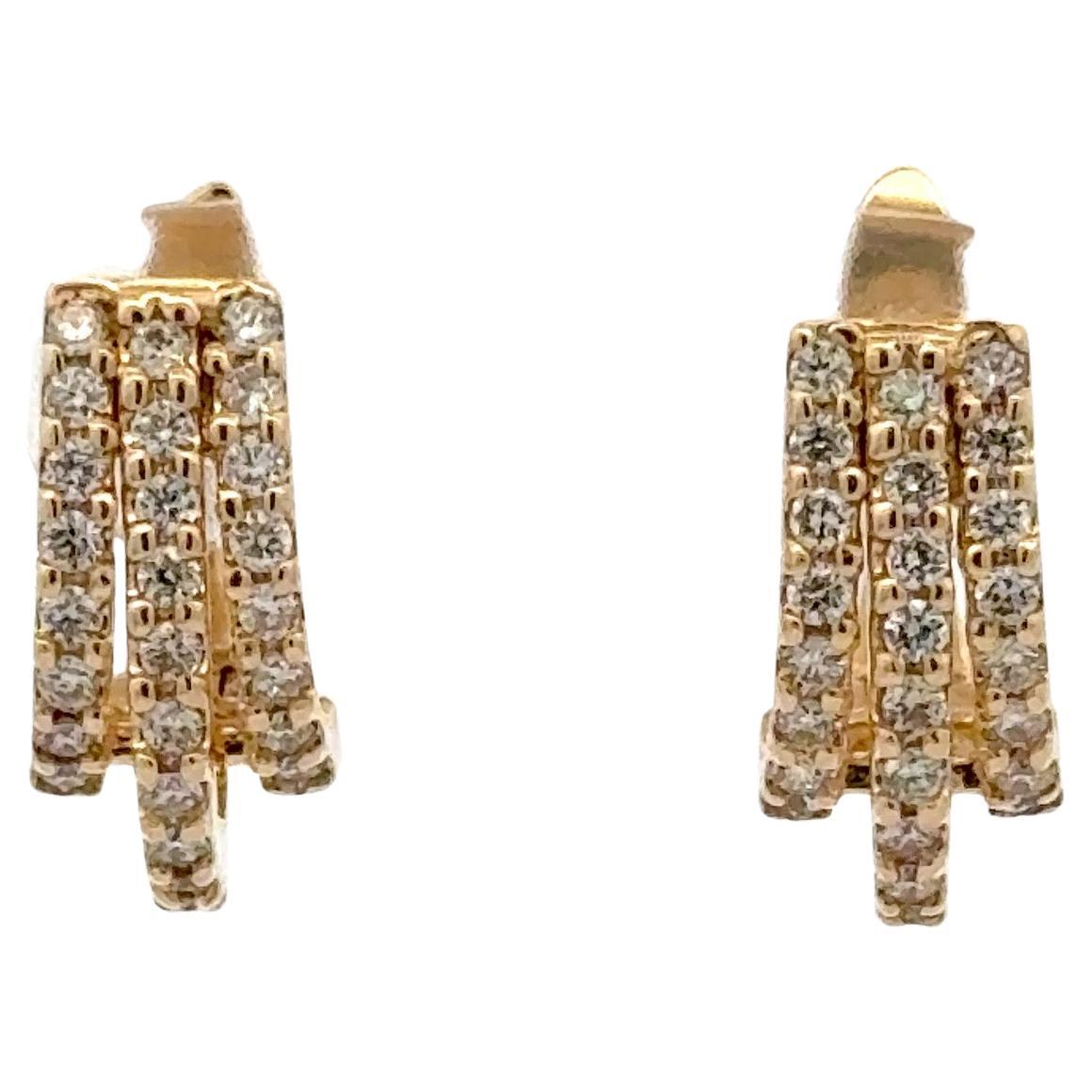 Three Row Diamond Hoop Earrings 0.62 Carats 14 Karat Yellow Gold 3.57 Grams