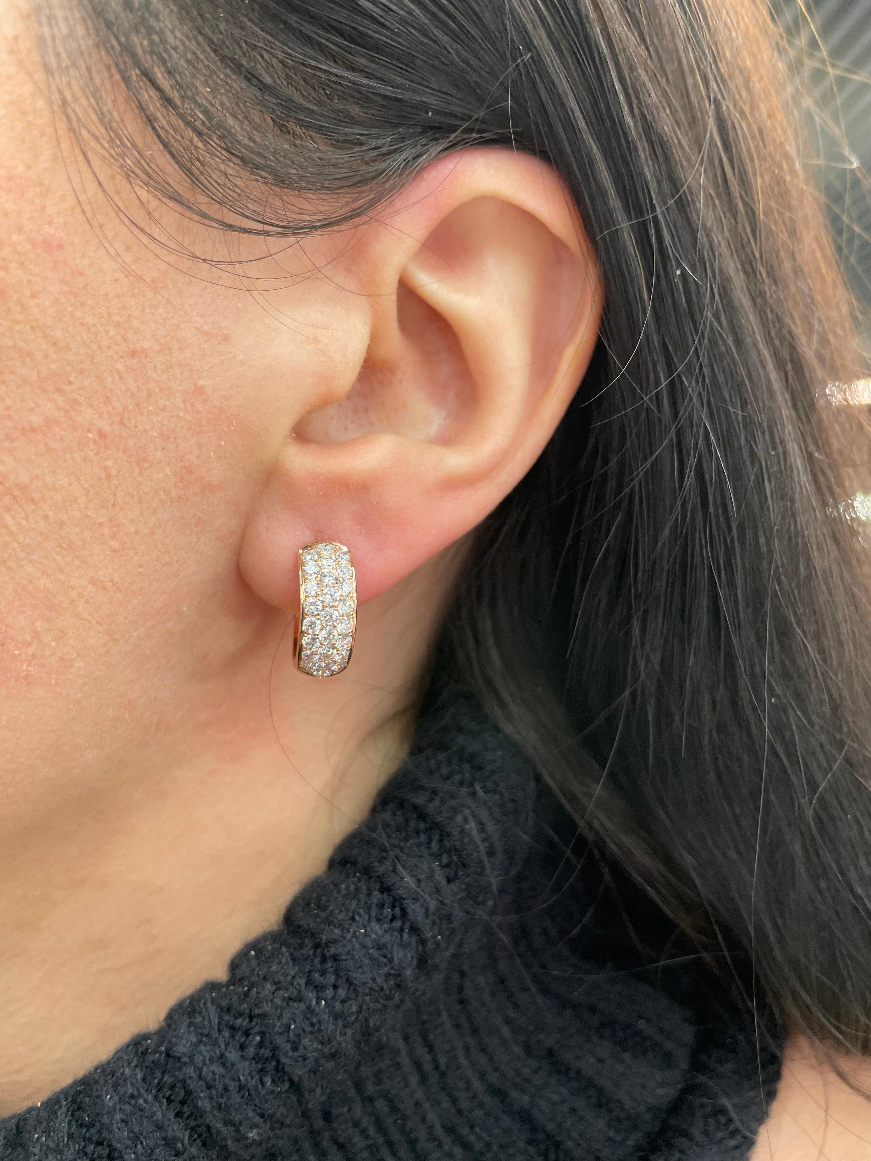 Three Row Diamond Hoop Earrings 1.50 Carats 14 Karat Rose Gold 4.6 Grams For Sale 8