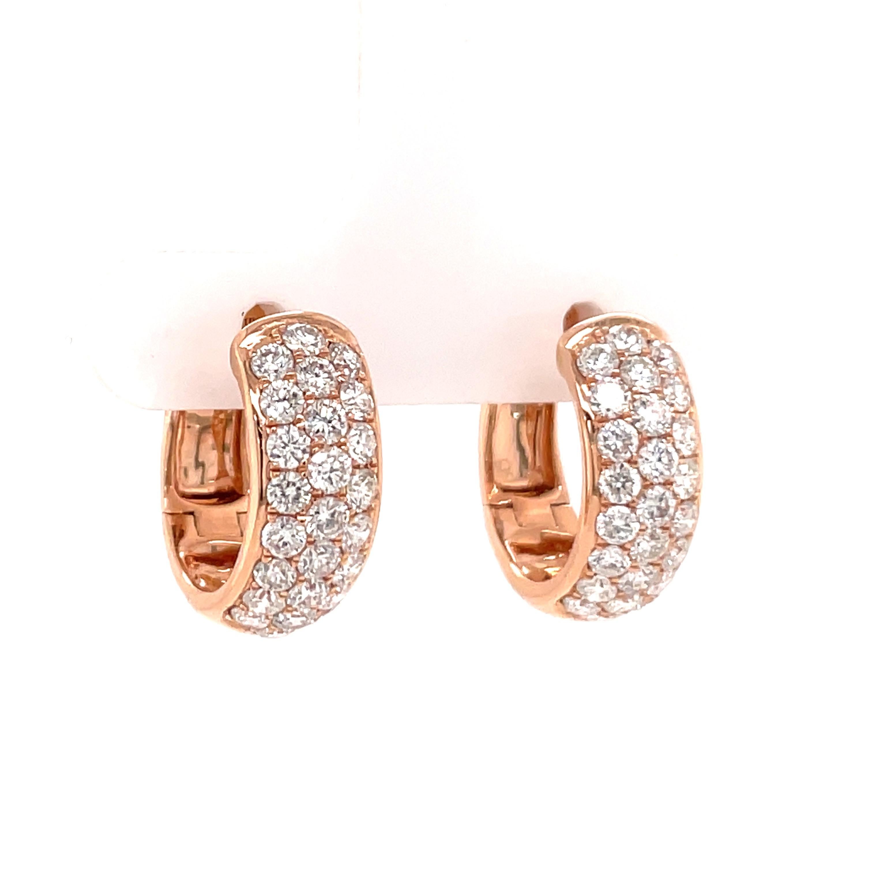 Contemporary Three Row Diamond Hoop Earrings 1.50 Carats 14 Karat Rose Gold 4.6 Grams For Sale