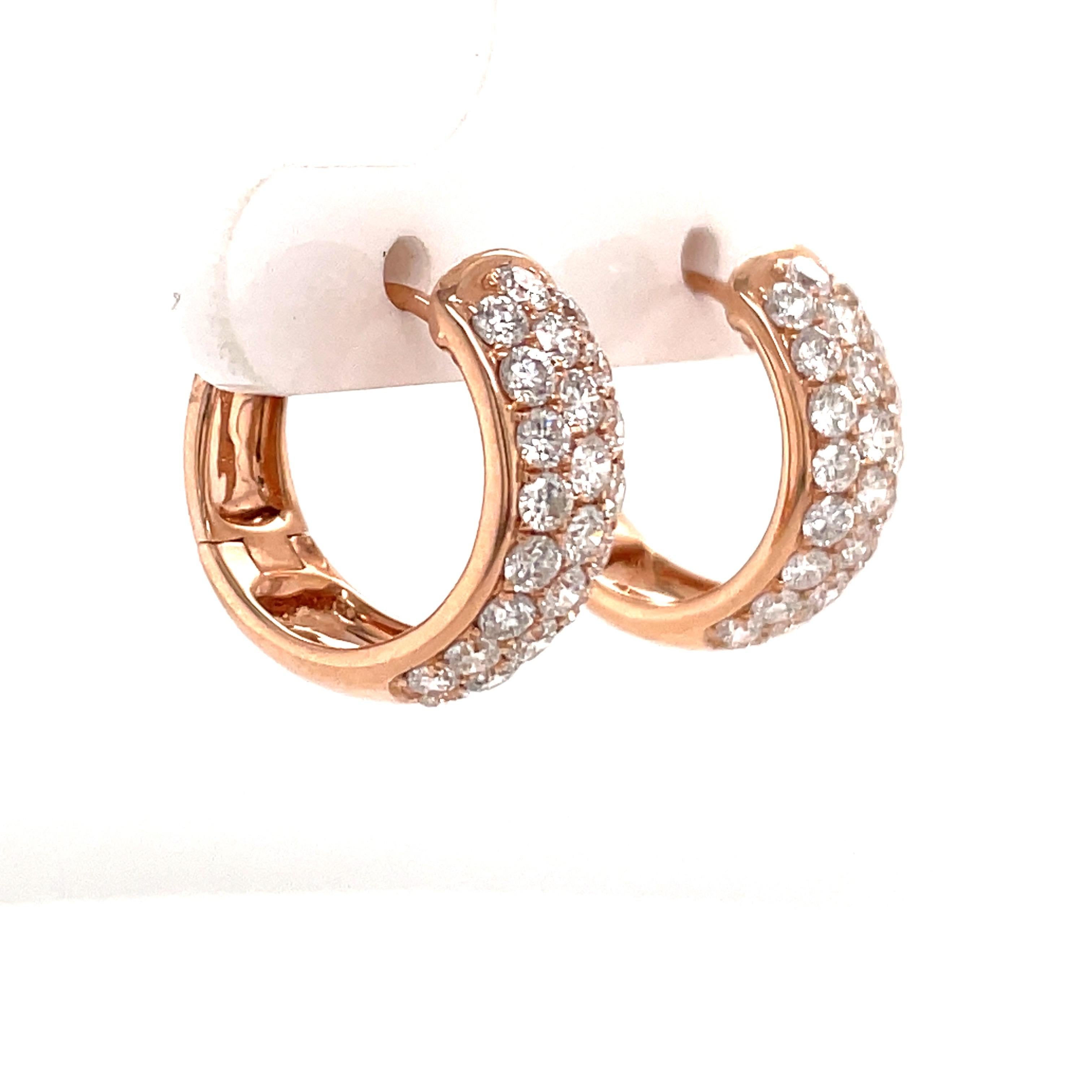 Round Cut Three Row Diamond Hoop Earrings 1.50 Carats 14 Karat Rose Gold 4.6 Grams For Sale