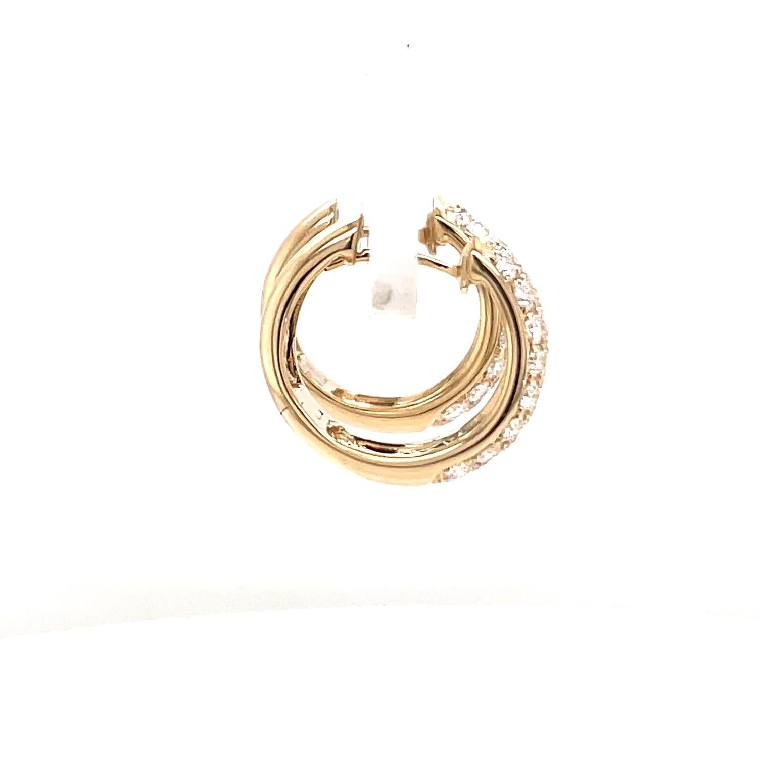 Women's Three Row Diamond Hoop Earrings 1.50 Carats 14 Karat Rose Gold 4.6 Grams For Sale