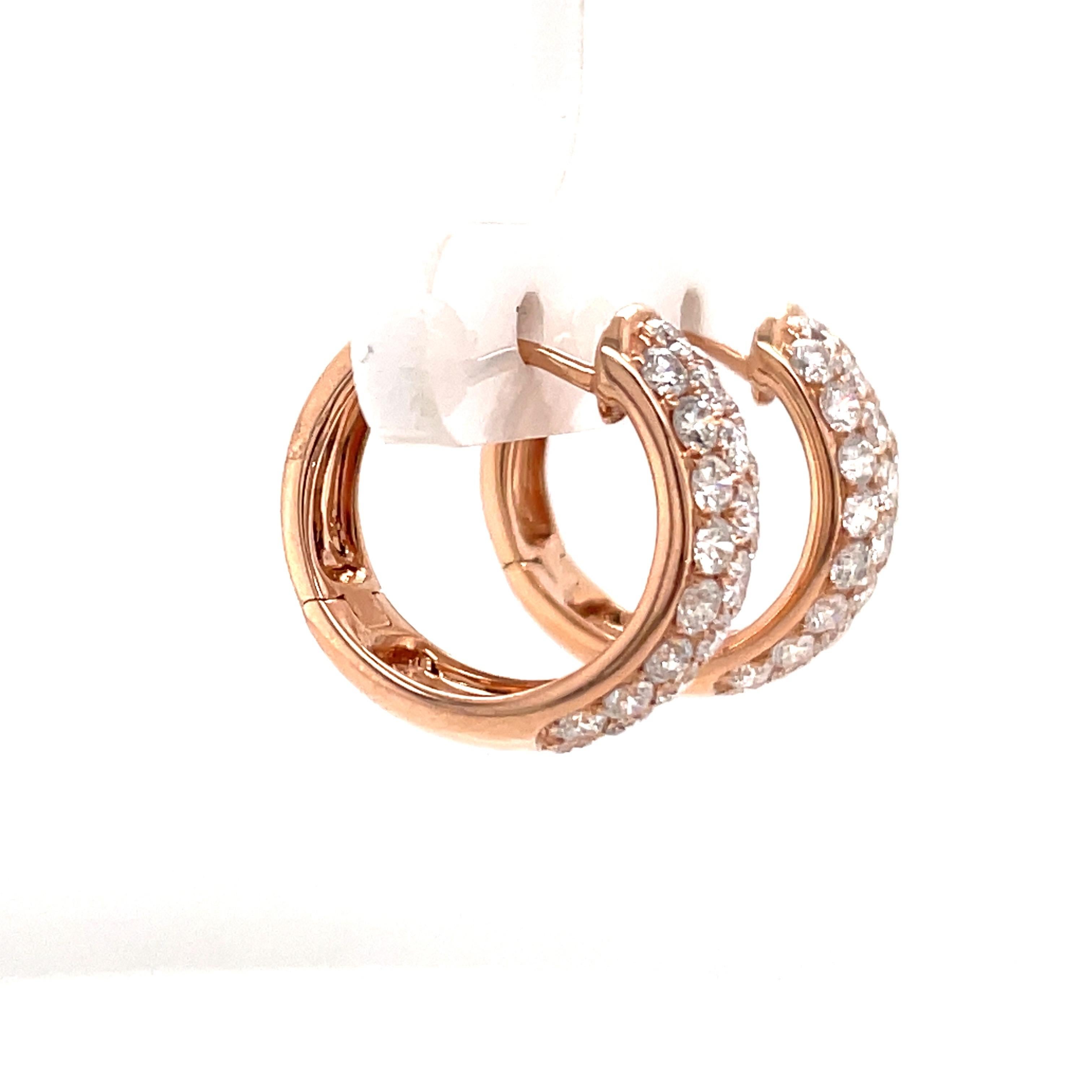 Women's Three Row Diamond Hoop Earrings 1.50 Carats 14 Karat Rose Gold 4.6 Grams For Sale
