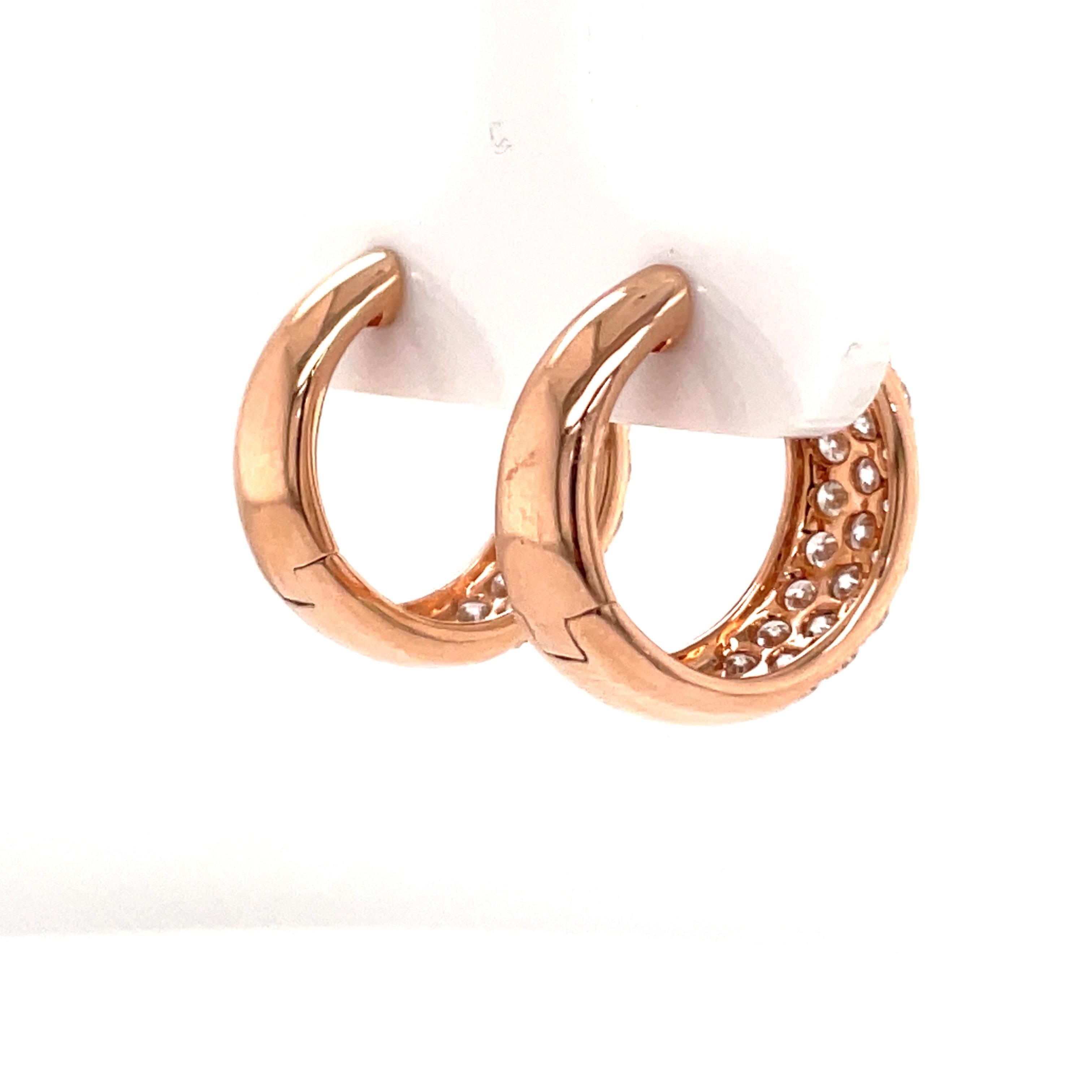 Three Row Diamond Hoop Earrings 1.50 Carats 14 Karat Rose Gold 4.6 Grams For Sale 2