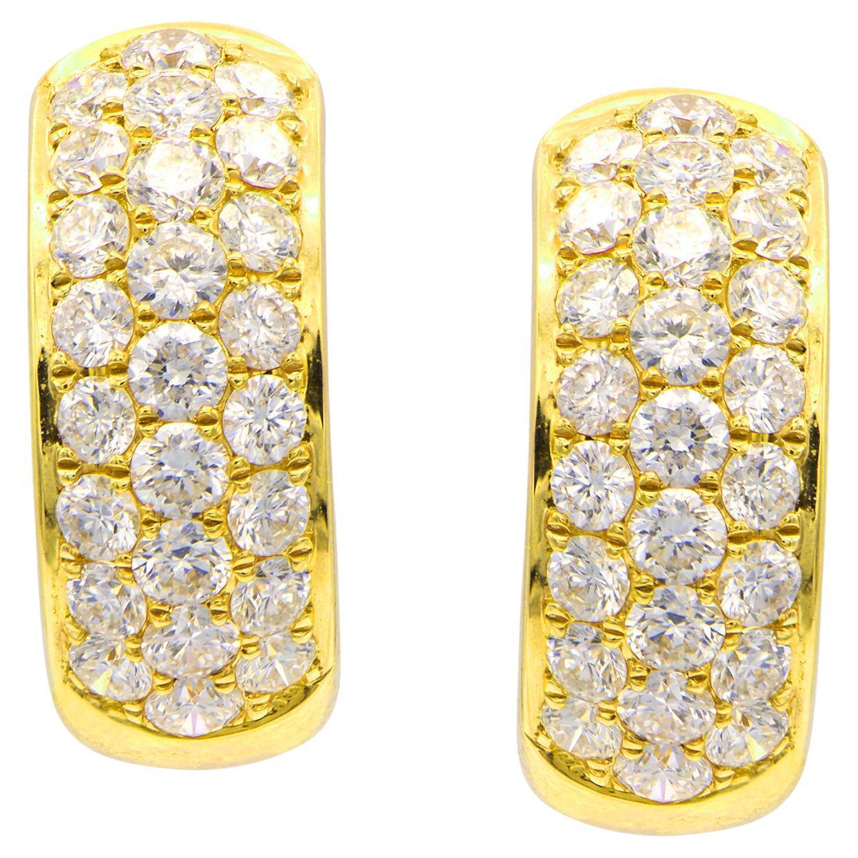 Three Row Diamond Hoop Earrings 1.50 Carats 14 Karat Rose Gold 4.6 Grams For Sale