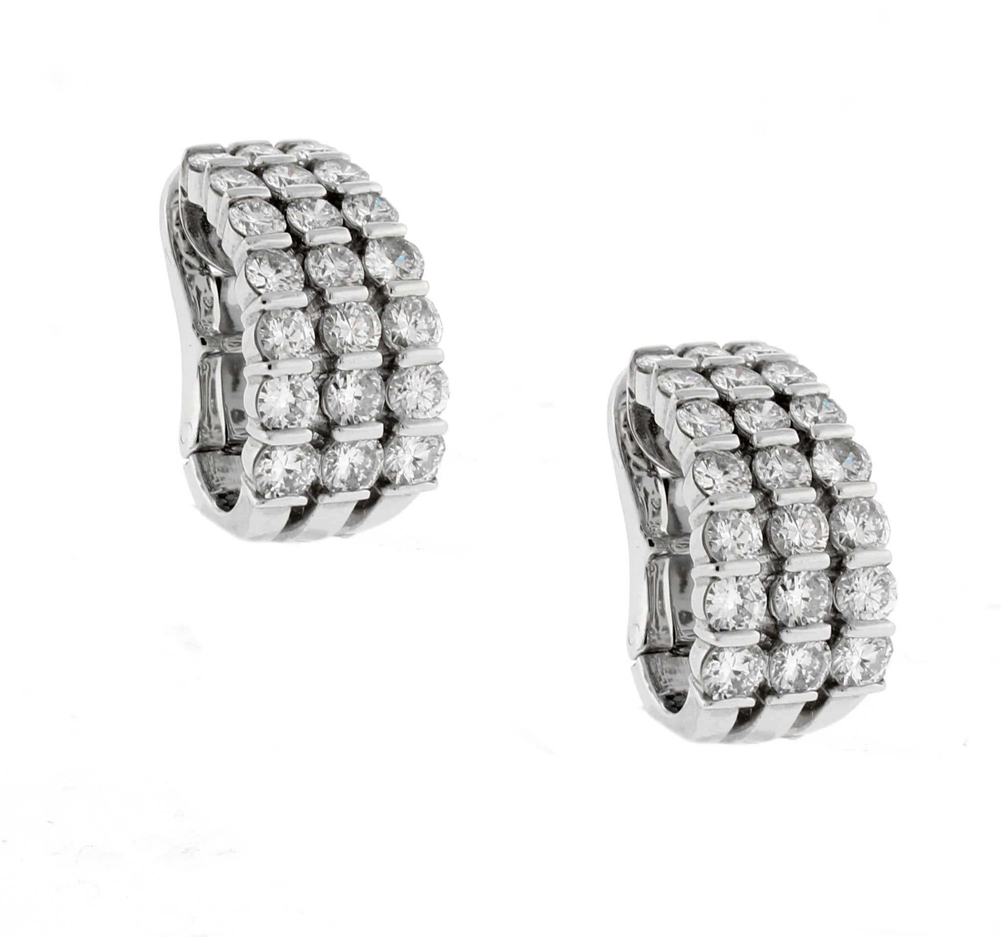 Round Cut Three Row Diamond Hoop Earrings by Gemveto for Pampillonia For Sale