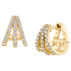 Three Row Diamond Huggie Hoops 18K Yellow Gold Earrings