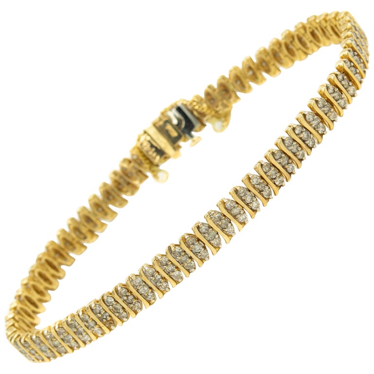 ThreeRow Diamond Line Tennis Yellow Gold Bracelet at 1stDibs