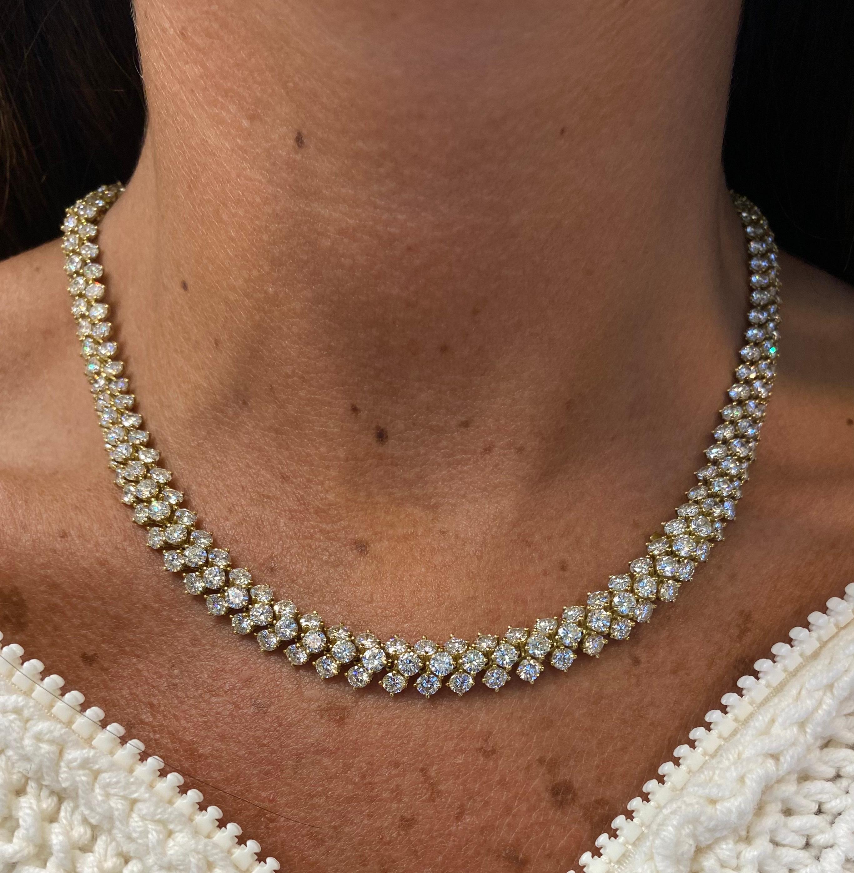 Round Cut Three Row Diamond Necklace  For Sale