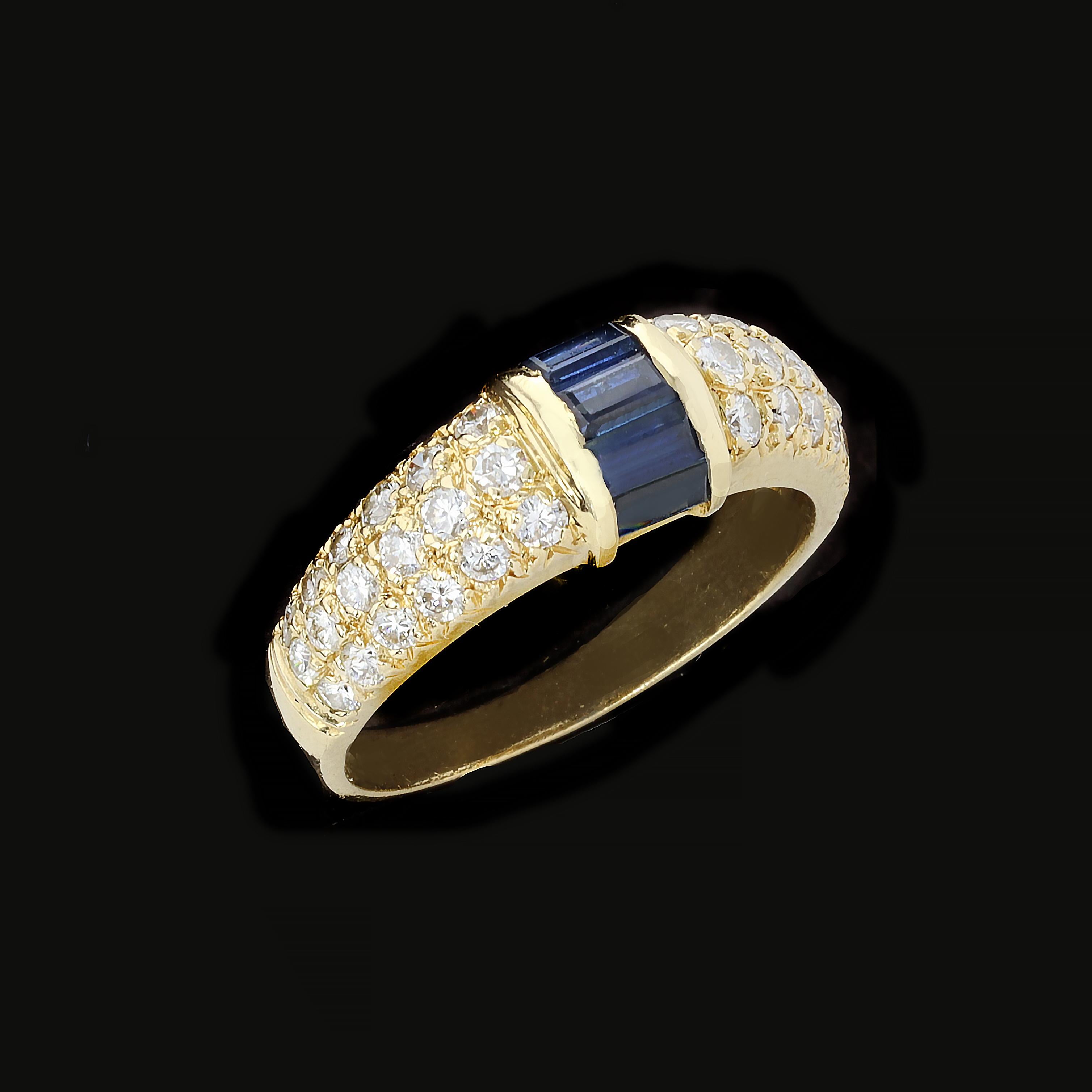 Retro Three Row Diamond Ring with Bold Splash of Sapphires For Sale