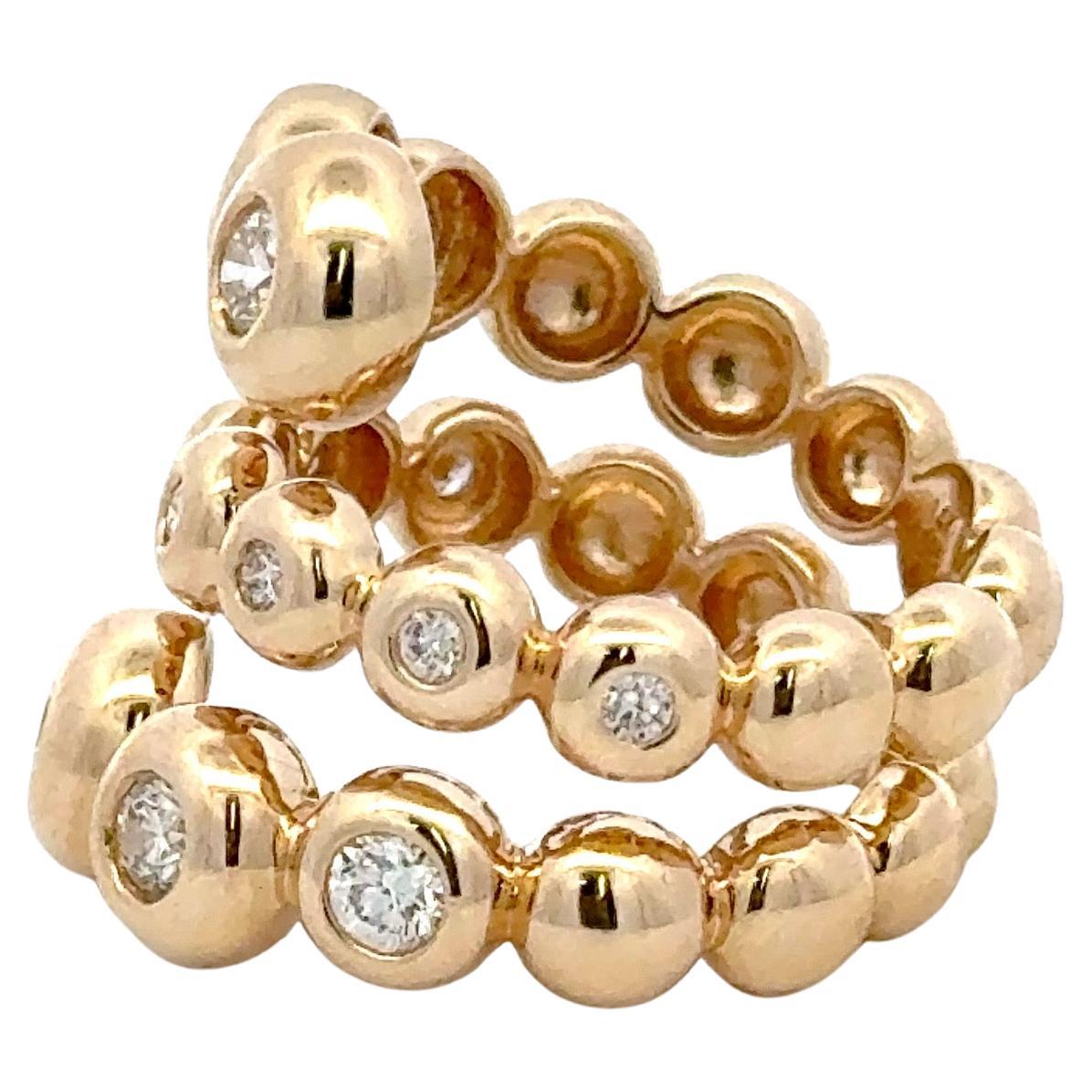 Round Cut Three Row Diamond Swirl Bezel Band Ring 0.93 Carats 14 Karat Yellow Gold G VS2 For Sale