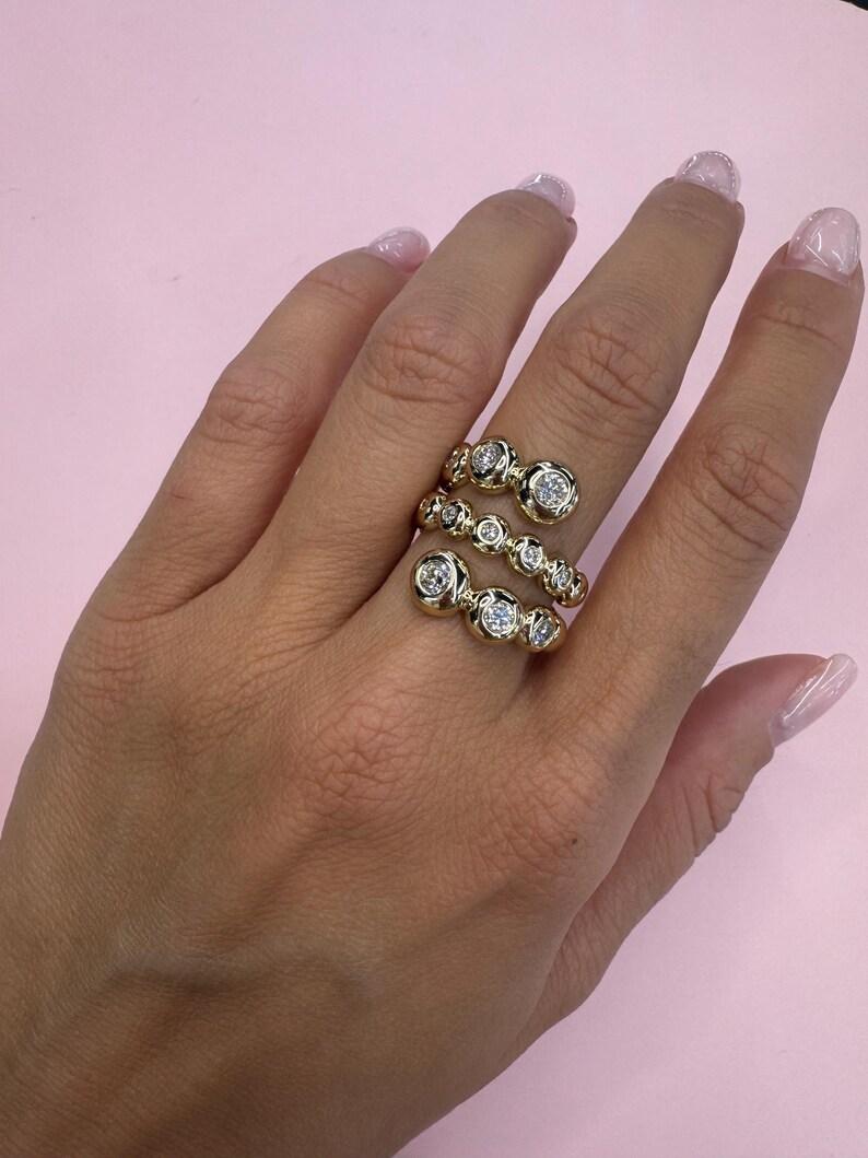 Women's Three Row Diamond Swirl Bezel Band Ring 0.93 Carats 14 Karat Yellow Gold G VS2 For Sale