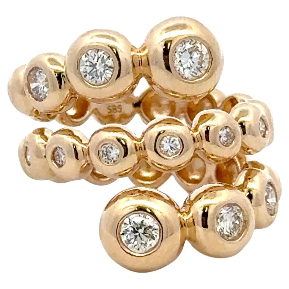 Three Row Diamond Swirl Bezel Band Ring 0.93 Carats 14 Karat Yellow Gold G VS2 For Sale