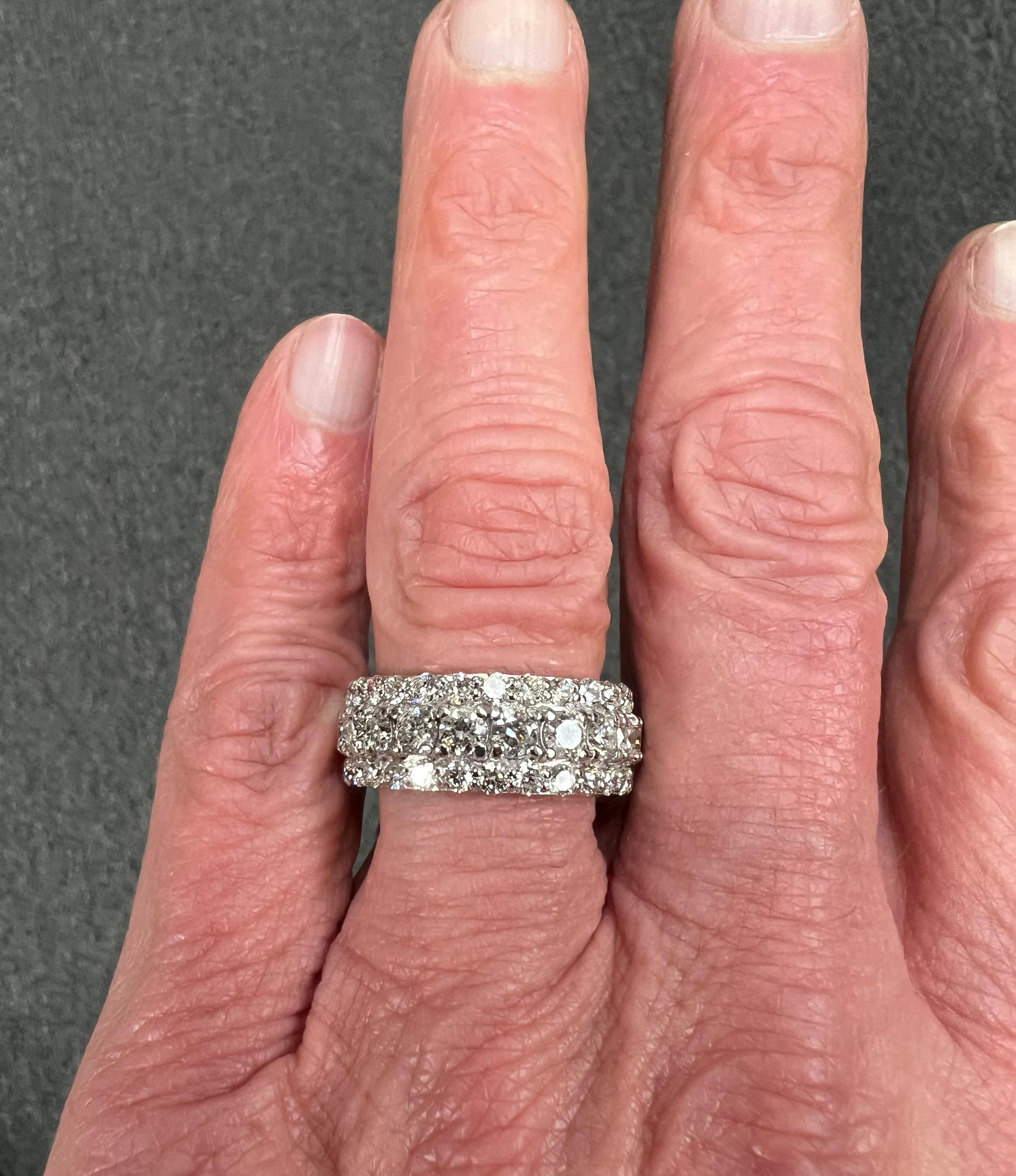 Three Row Diamond White Gold Eternity Ring Size 9.25 In Good Condition For Sale In Los Angeles, CA