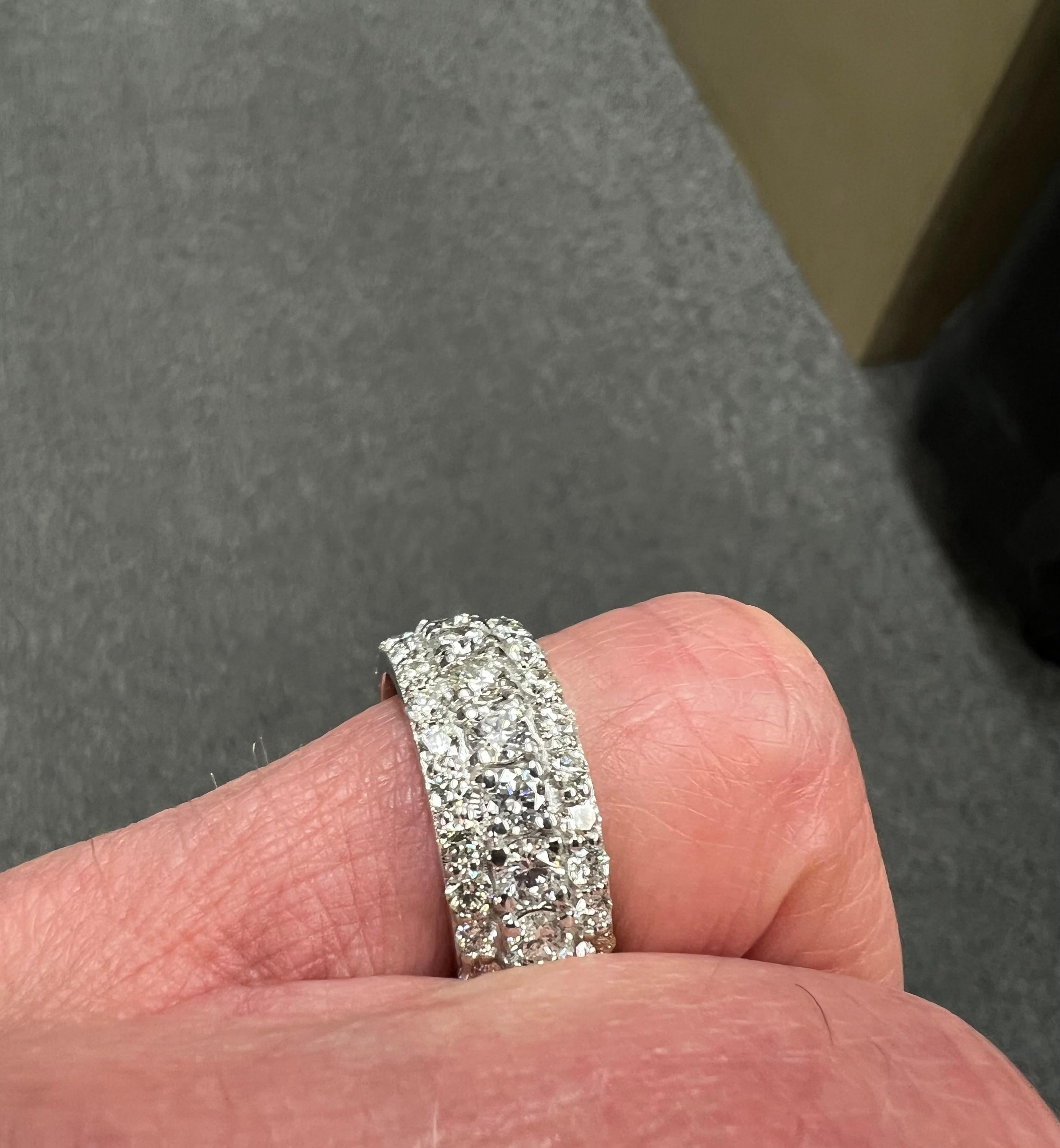 Women's or Men's Three Row Diamond White Gold Eternity Ring Size 9.25 For Sale