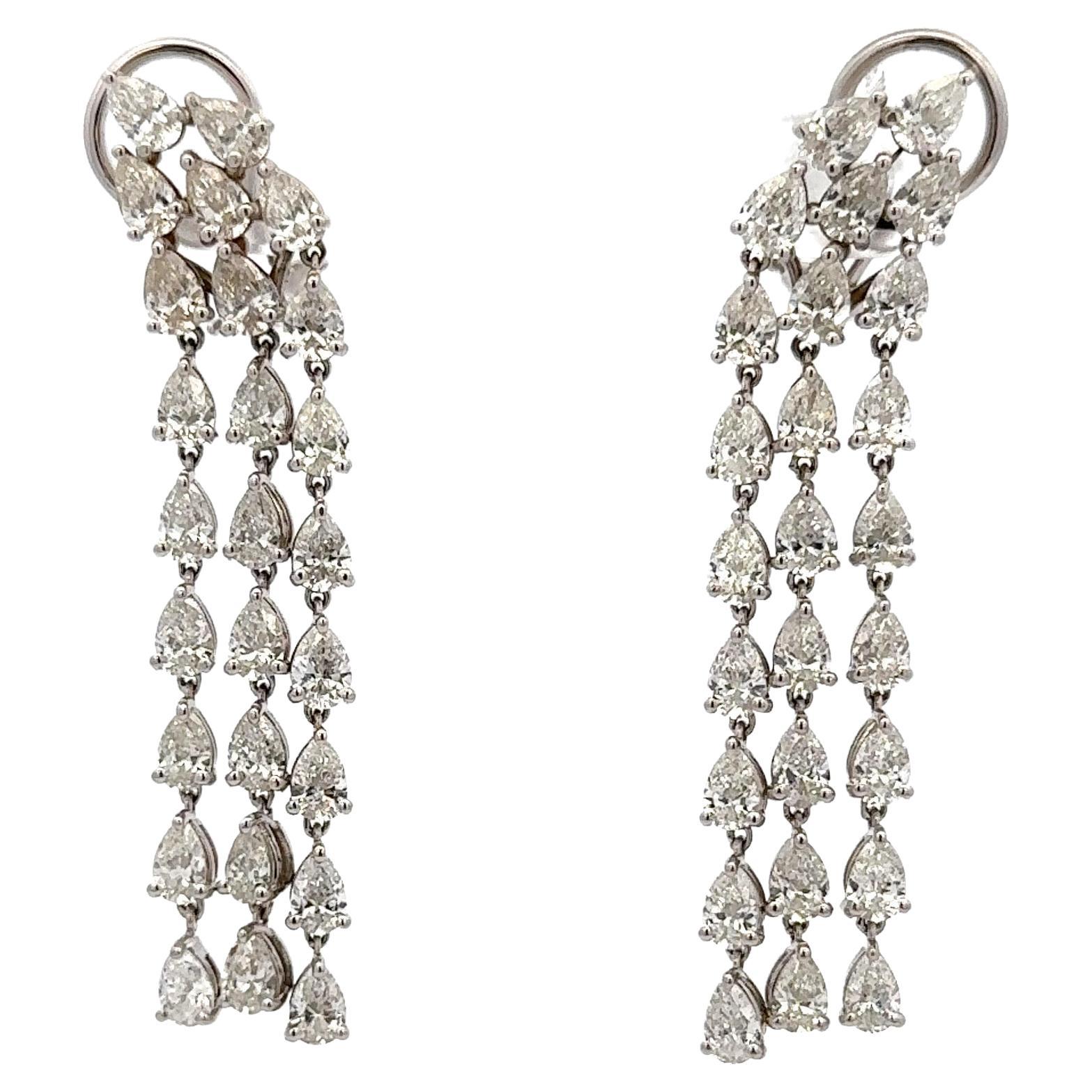 Three Row Drop Pear Shape Dangle Drop Earrings 9.96 Carats G-H VS1-VS2 18KT For Sale