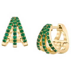 Three Row Emerald Huggie Hoops 18K Yellow Gold Earrings
