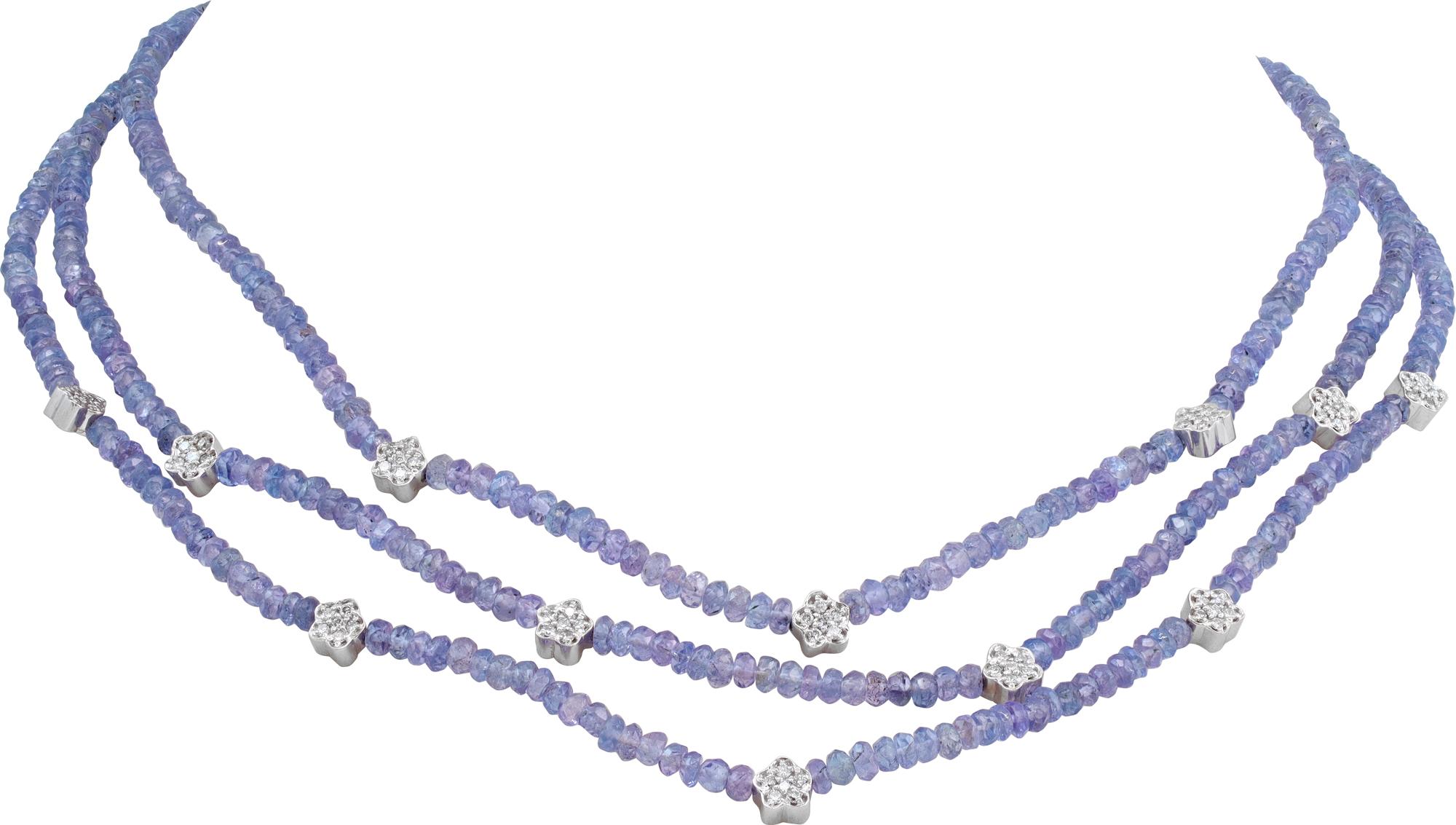 Whiting avec 3 rangs de perles d'améthystes facettées avec des étoiles de diamants pave hypnotiques serties dans de l'or blanc 14k. 15 pouces de long.