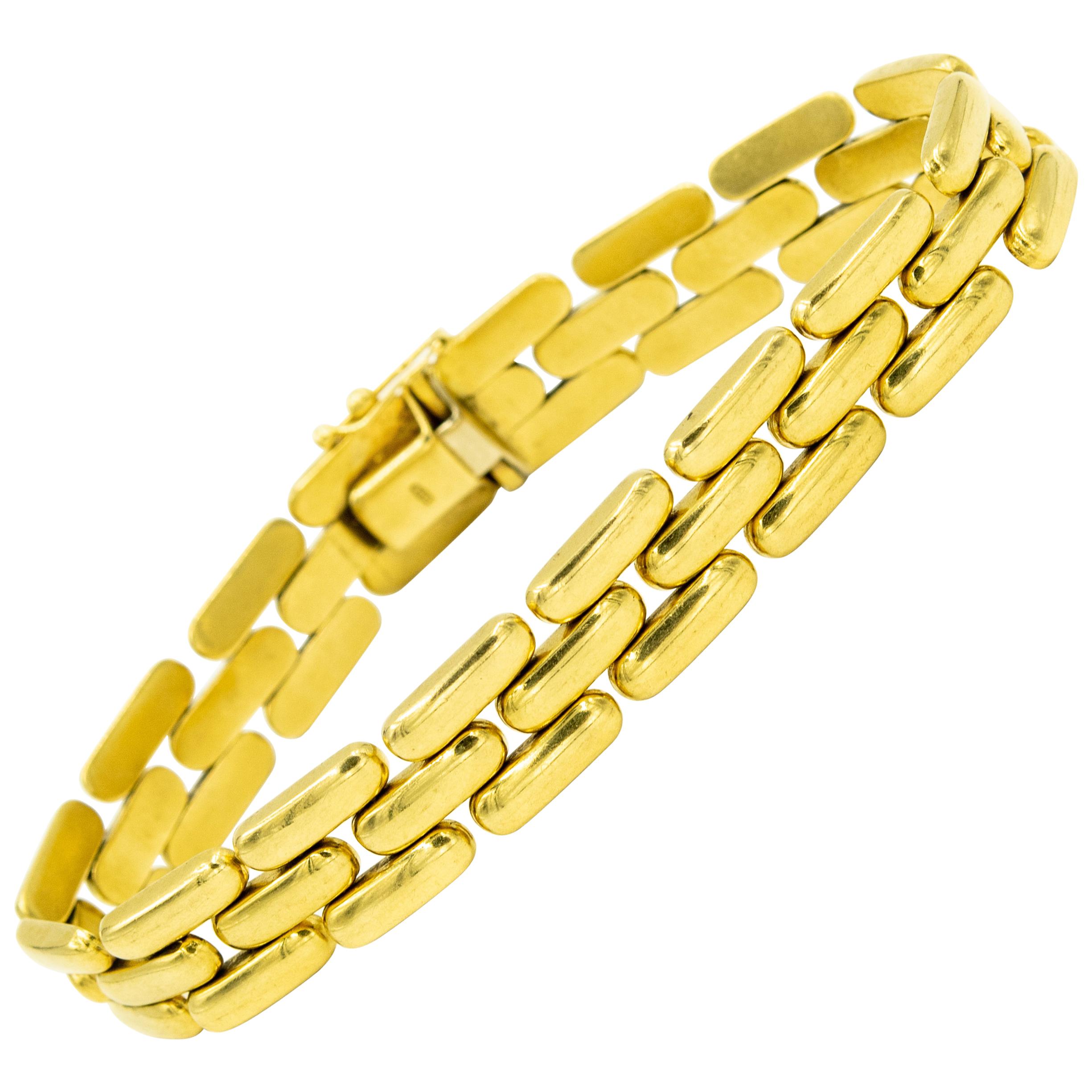 Three-Row Gold Bar Link Panthere 18 Karat Yellow Gold Bracelet