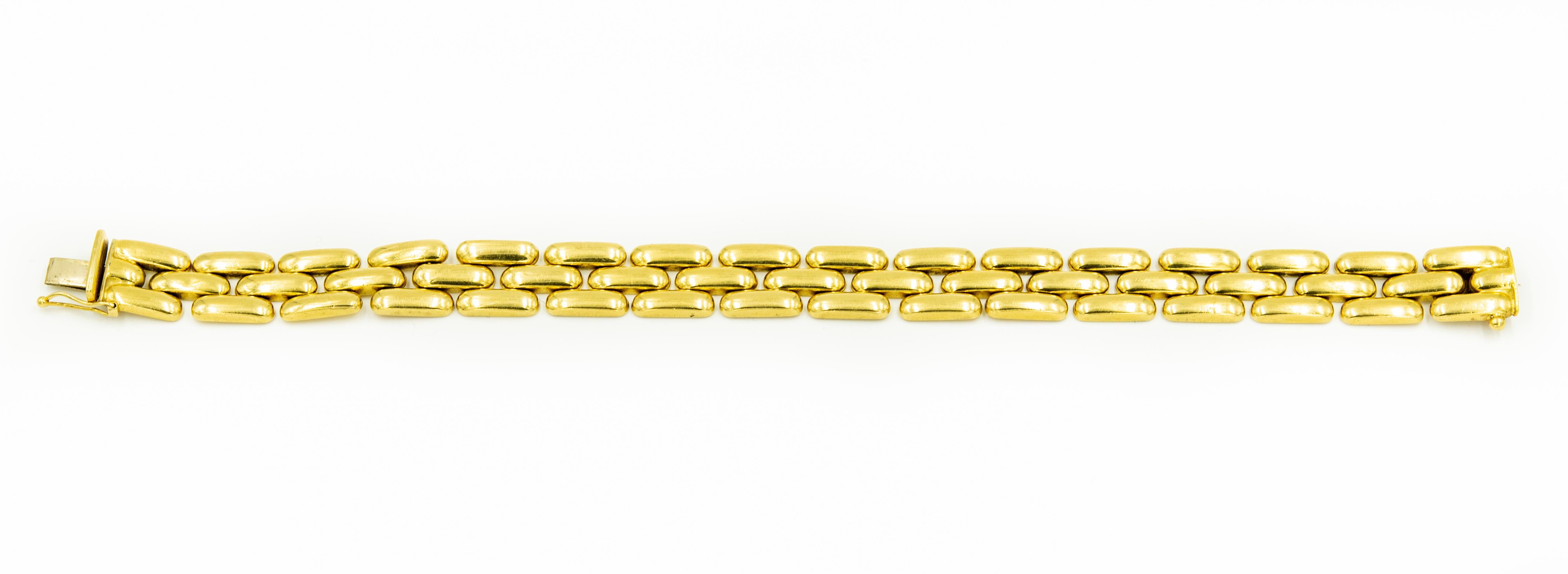 Three-Row Gold Bar Link Panthere 18 Karat Yellow Gold Bracelet In Good Condition In Miami Beach, FL