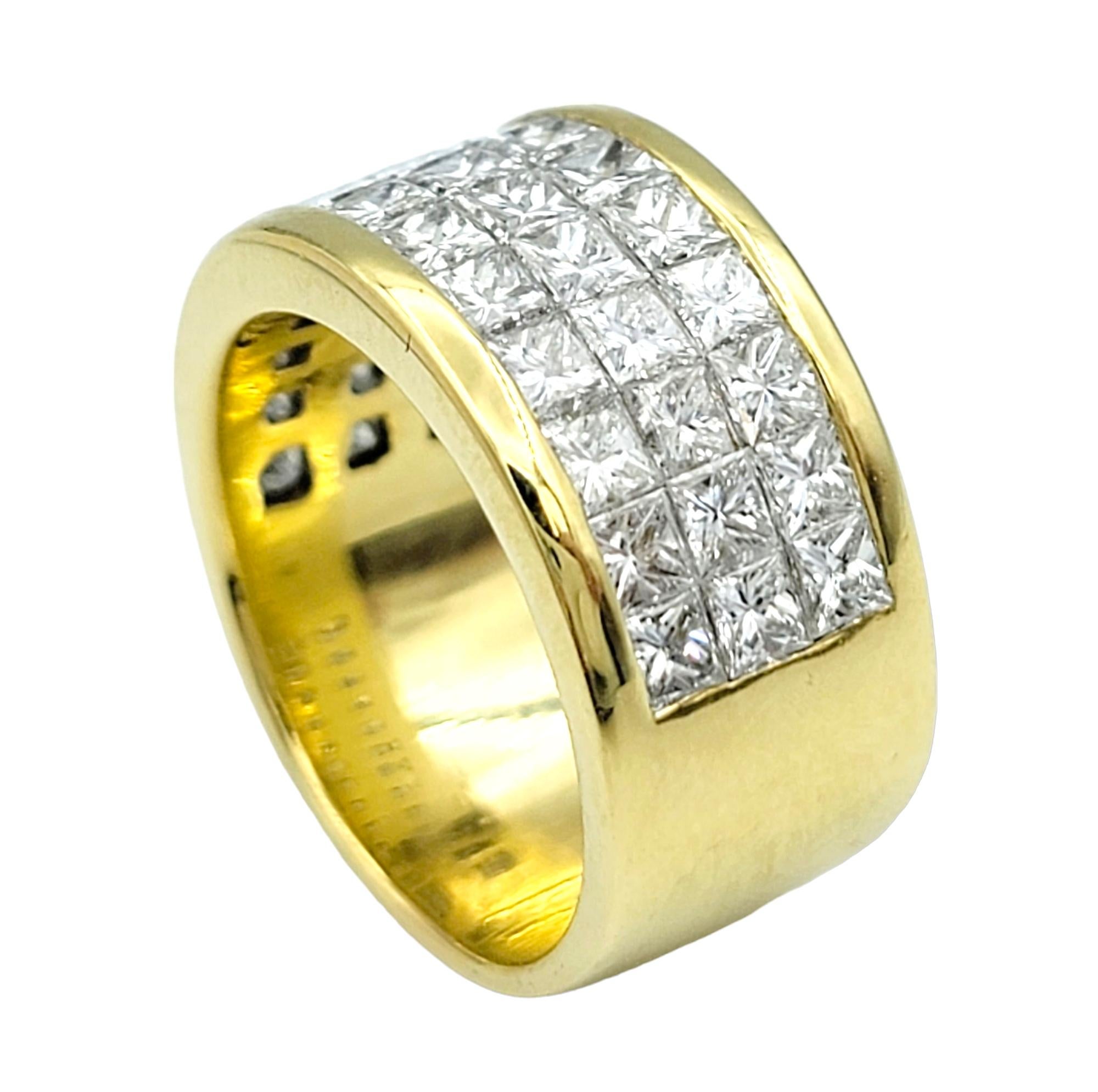 Contemporary Three Row Invisible Set Princess Cut Diamond Band Ring in 18 Karat Gold, E-F/VS For Sale