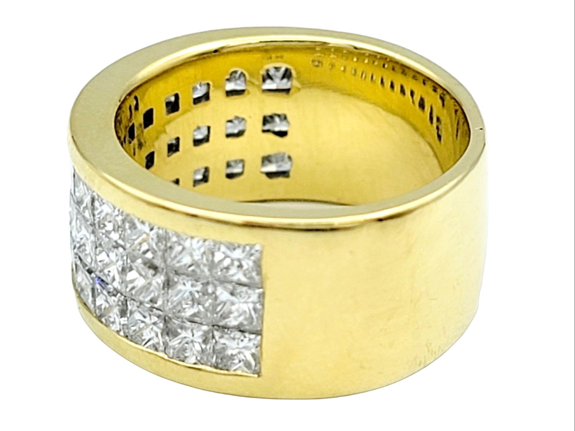 Women's or Men's Three Row Invisible Set Princess Cut Diamond Band Ring in 18 Karat Gold, E-F/VS For Sale