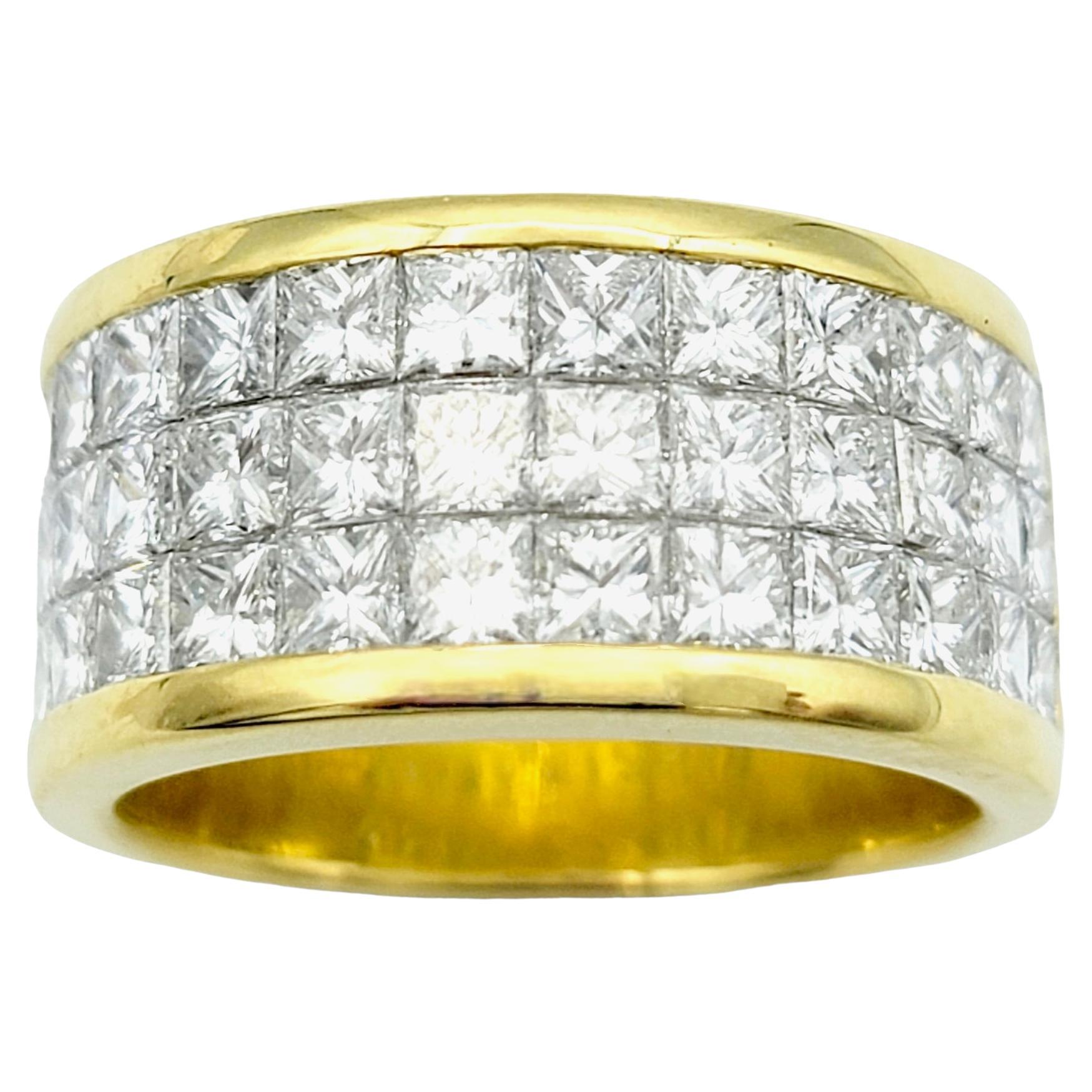Three Row Invisible Set Princess Cut Diamond Band Ring in 18 Karat Gold, E-F/VS For Sale