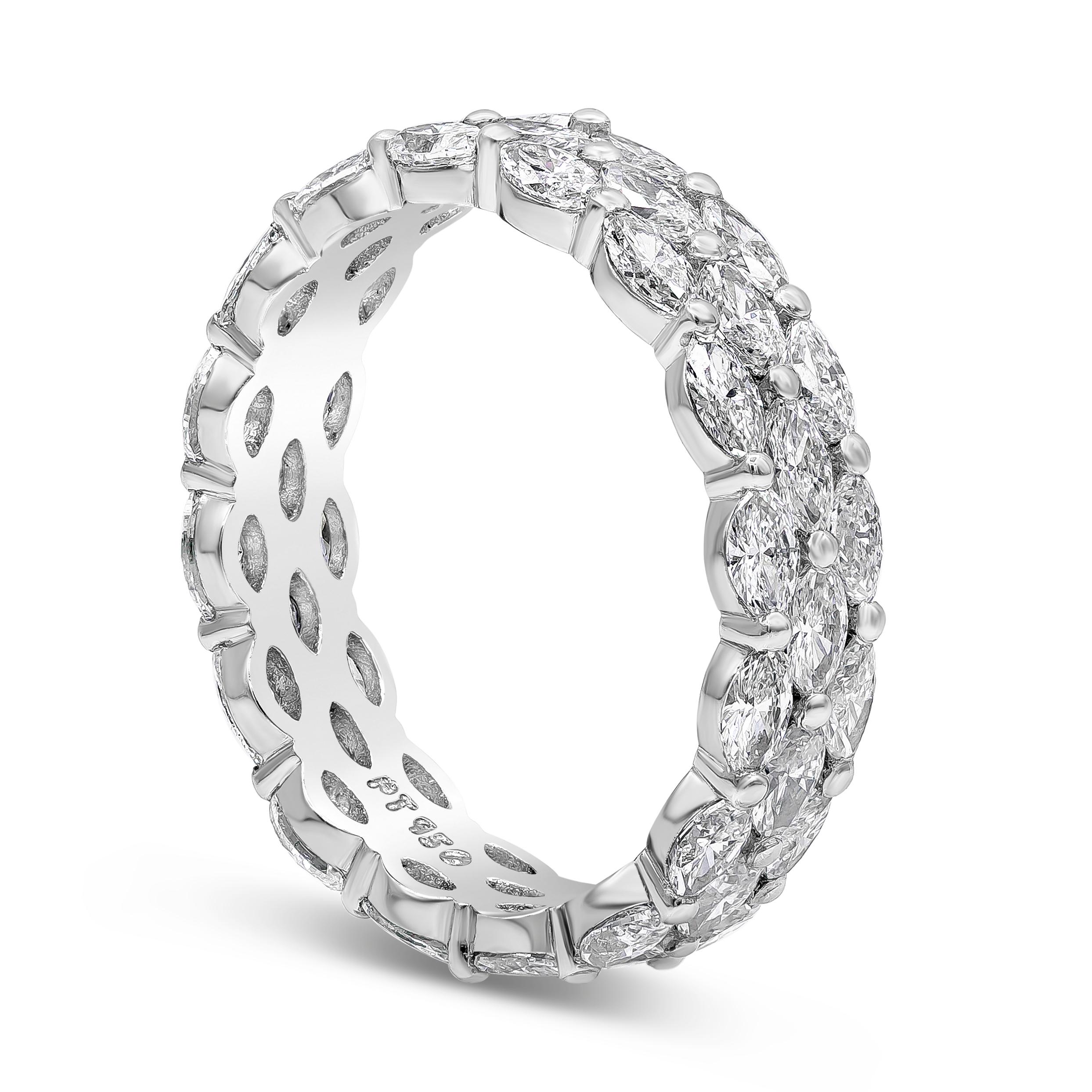 A stunning eternity wedding band features three rows of marquis cut diamonds weighing 2.56 carats total, Set East to West in a shared prong setting. Made in Platinum, Size 6.5 US

Style available in different price ranges. Prices are based on your