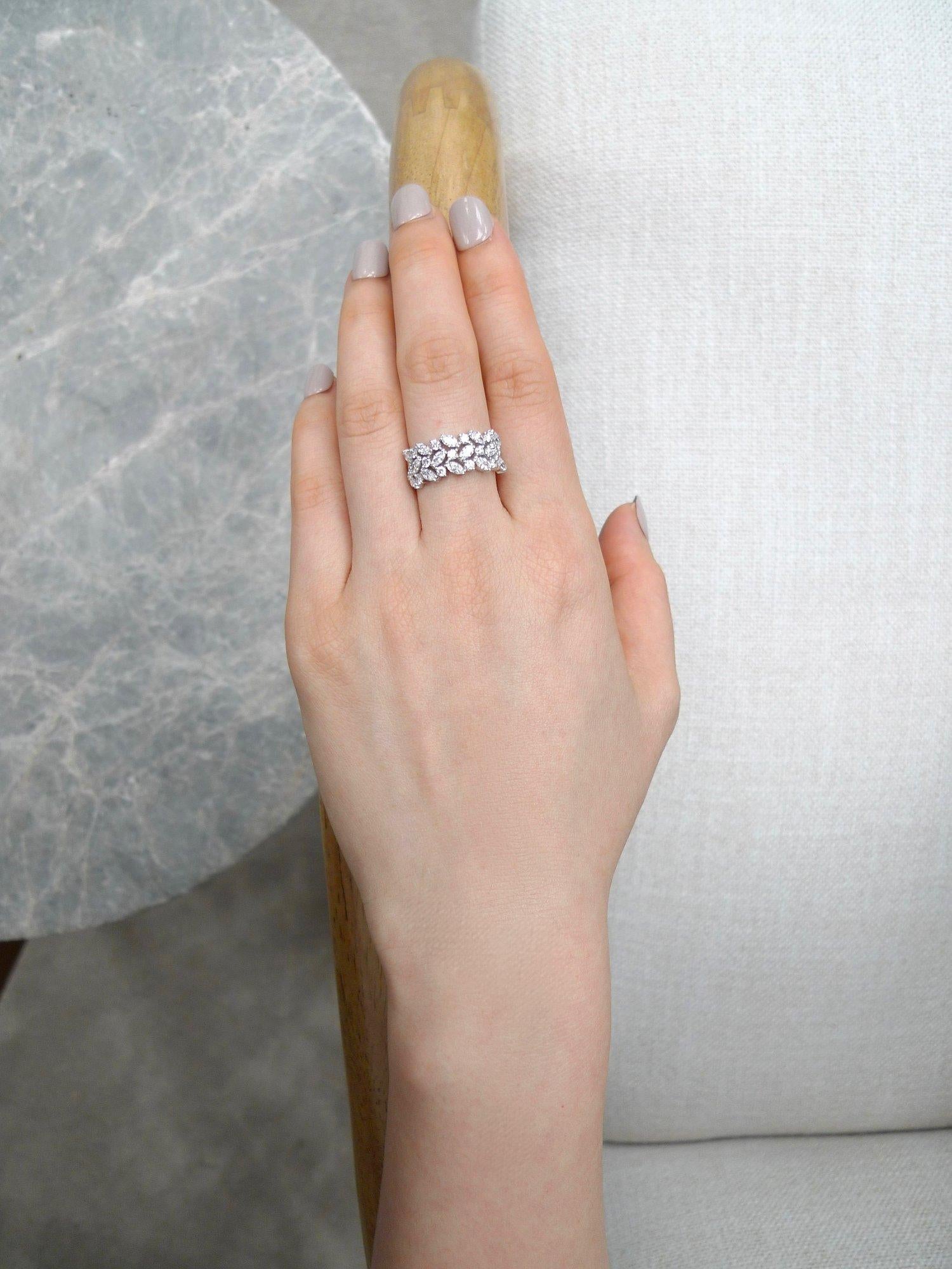 For Sale:  Three Row Marquise Diamond Unique Wedding Ring Band Minimalist Jewelry Handmade  2