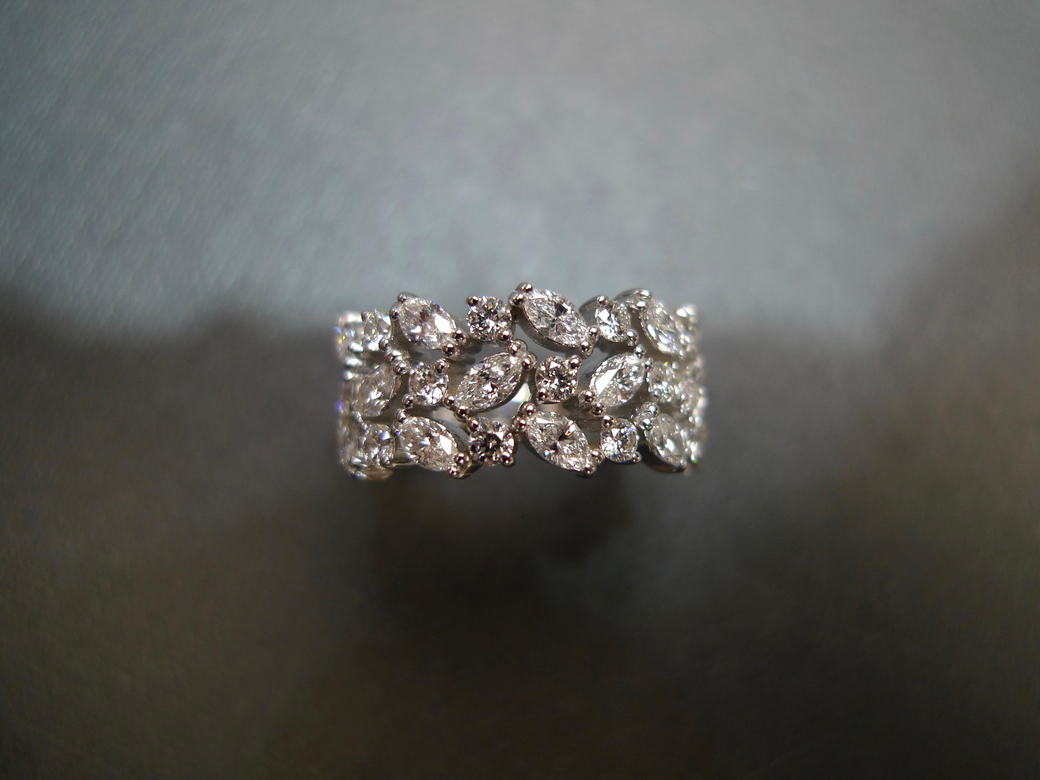 For Sale:  Three Row Marquise Diamond Unique Wedding Ring Band Minimalist Jewelry Handmade  5