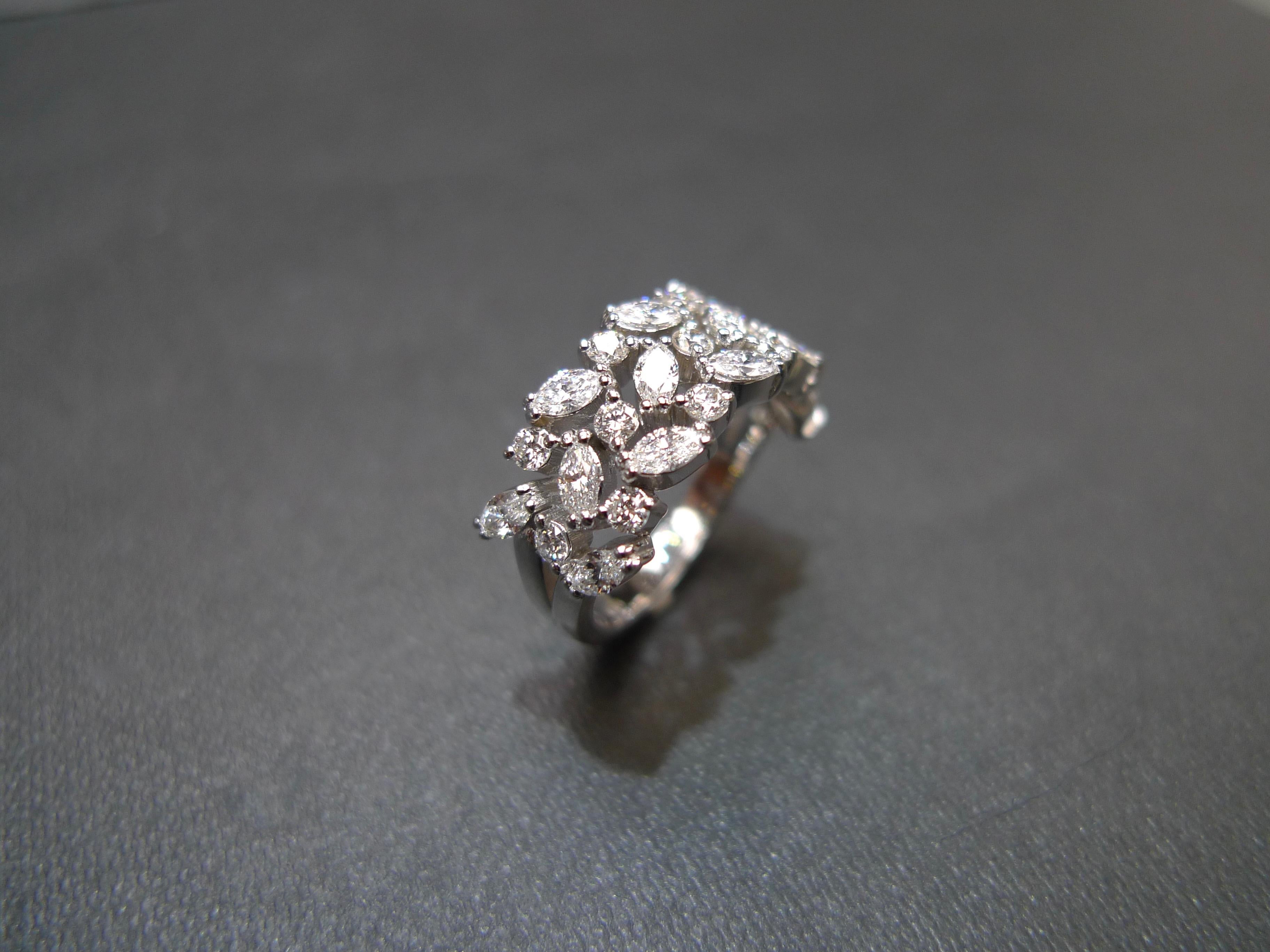 For Sale:  Three Row Marquise Diamond Unique Wedding Ring Band Minimalist Jewelry Handmade  9
