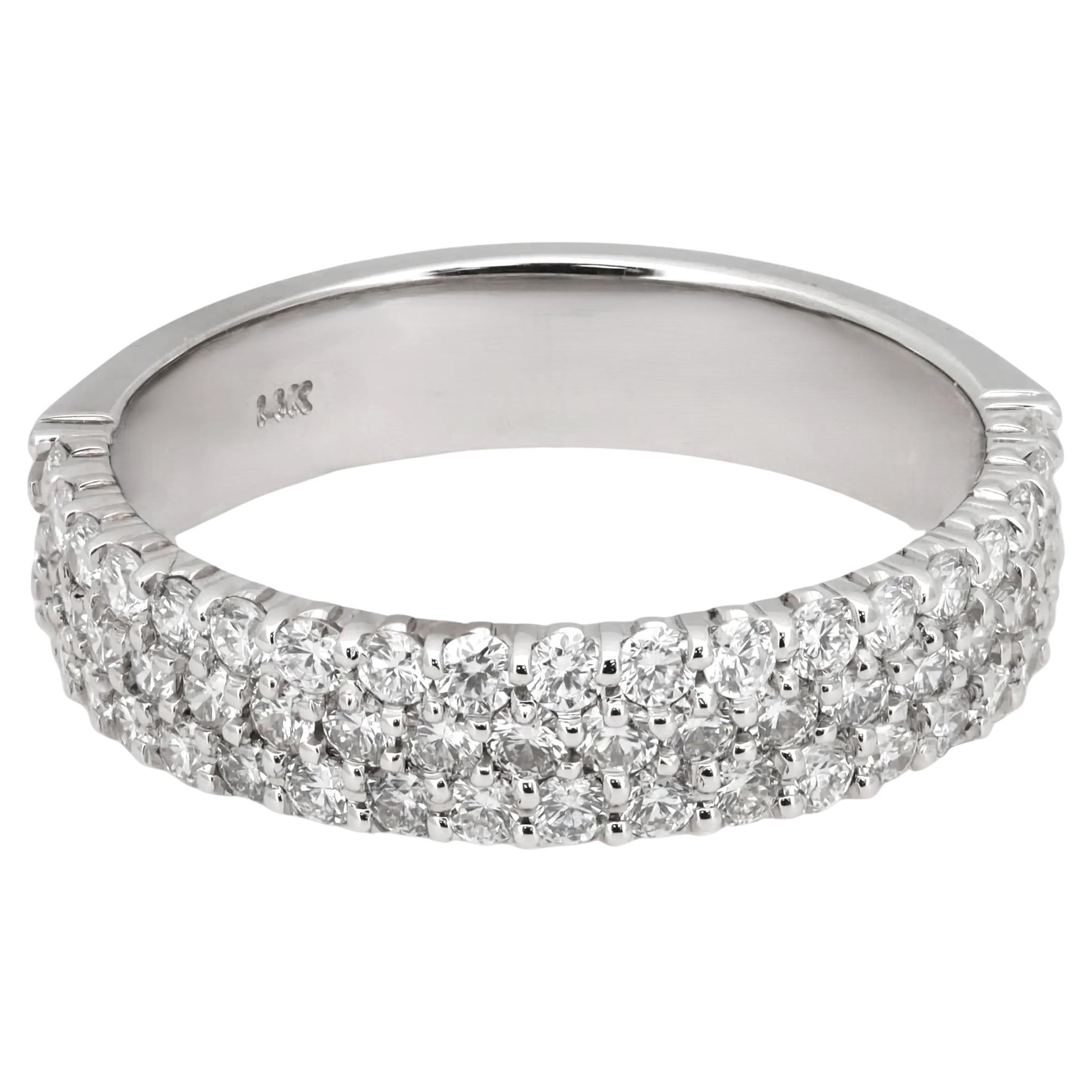 Three Row Natural Round Diamond Half Eternity Band Ring 14K White Gold 0.97Ctw en venta