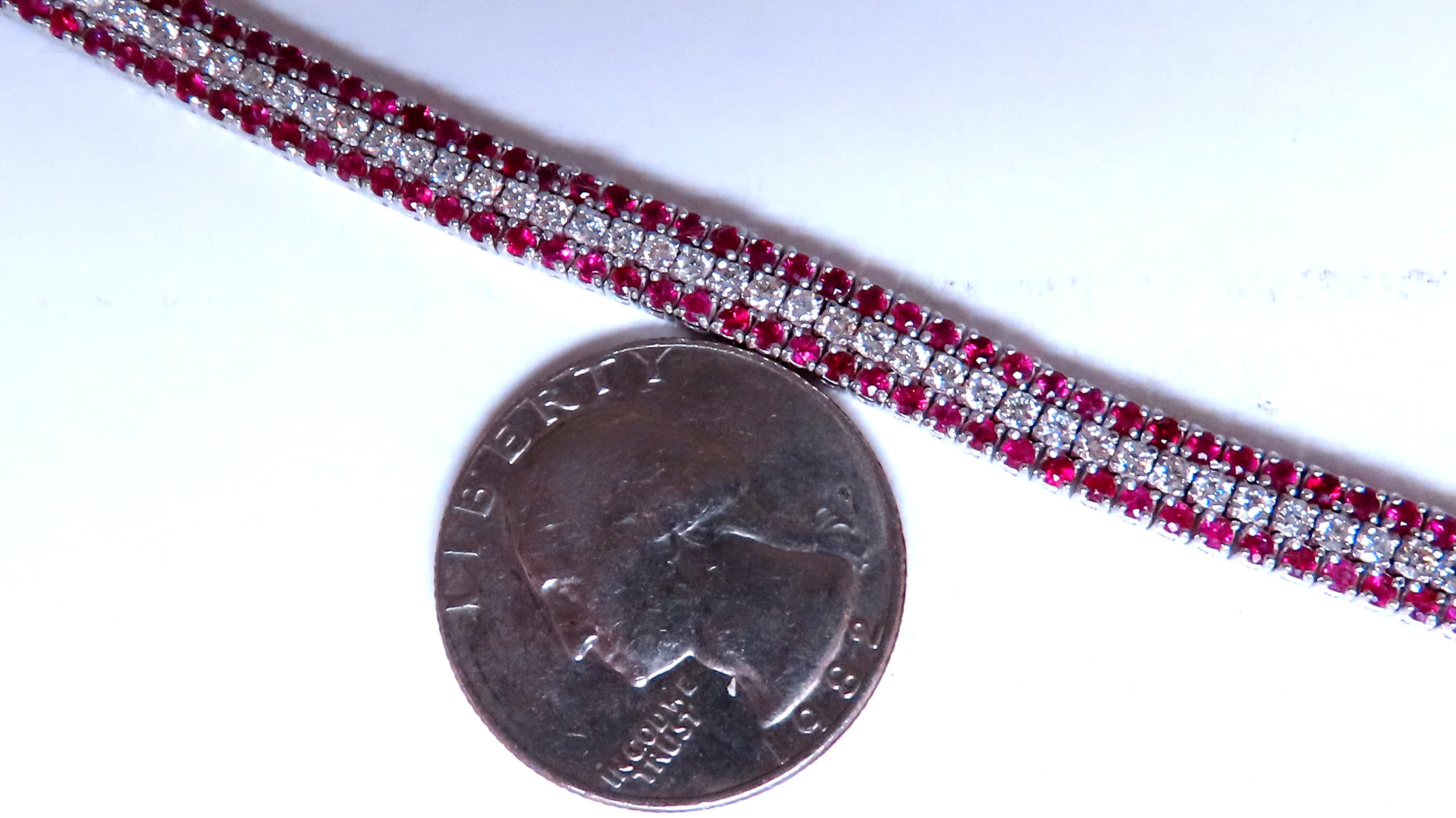 Round Cut Three row natural ruby diamonds bracelet 14kt 12470 For Sale