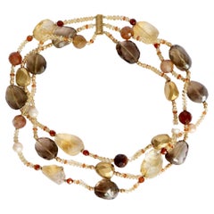 Dreireihige Halskette aus 18 Karat Gelbgold Rauchquarz Citrin Rose Quarz
