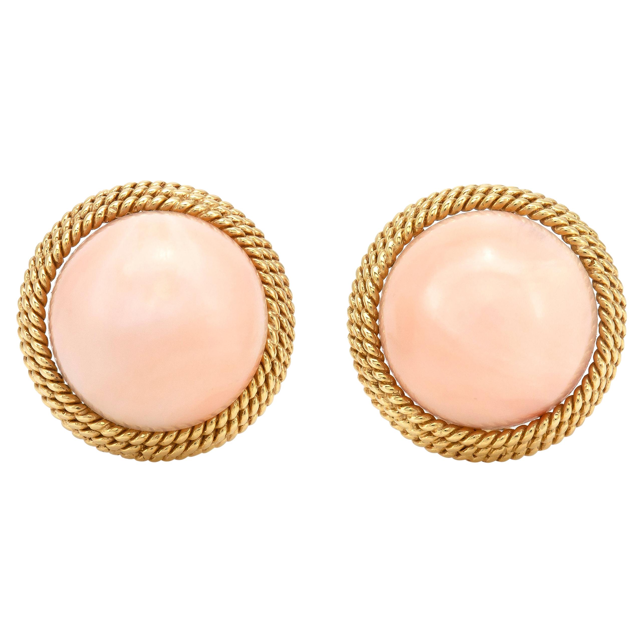 Three-Row of Gold with Coral as Center Stone Earrings For Sale