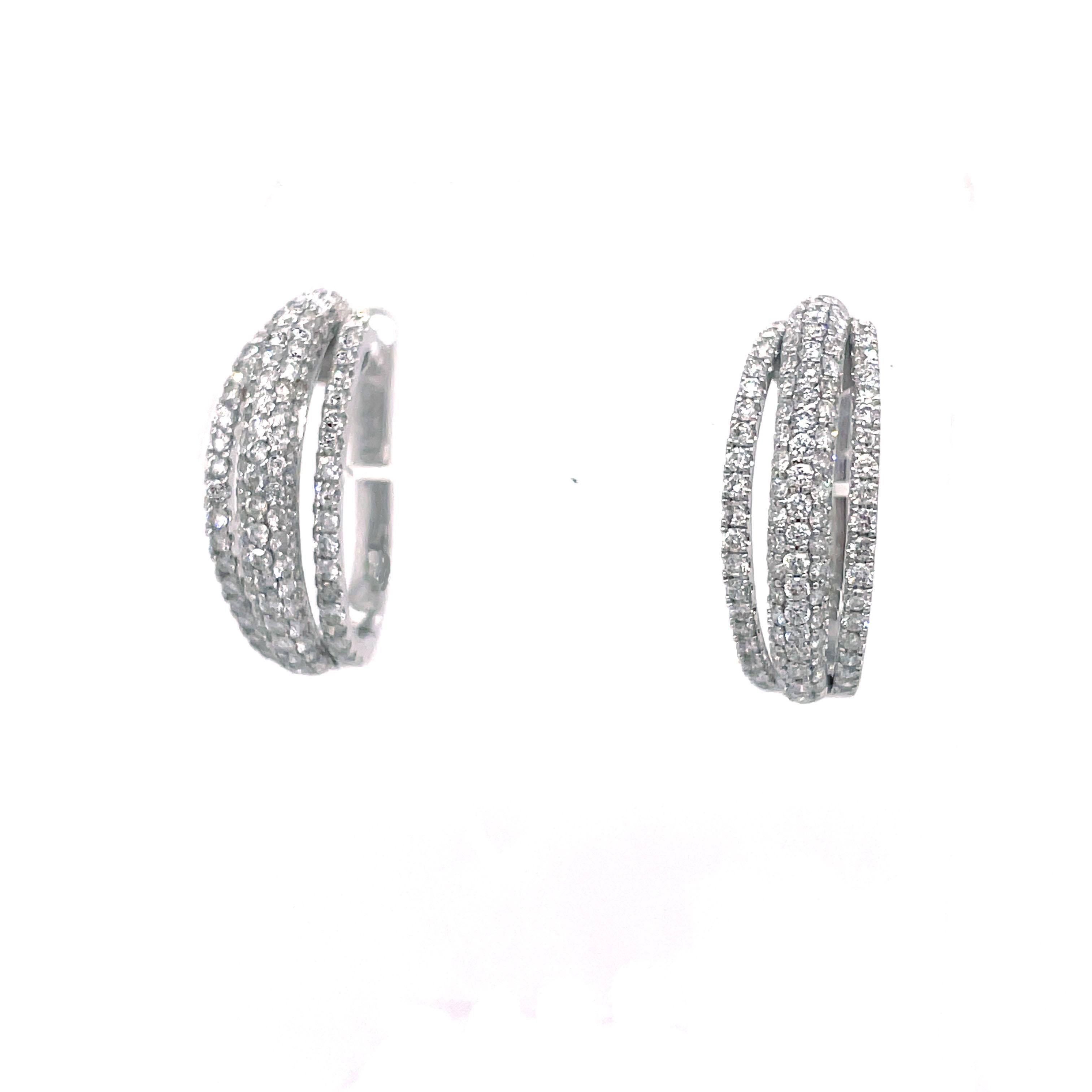 Contemporary Three Row Pave 1.28 Carat Diamond Hoop 18K White Gold Earrings  For Sale