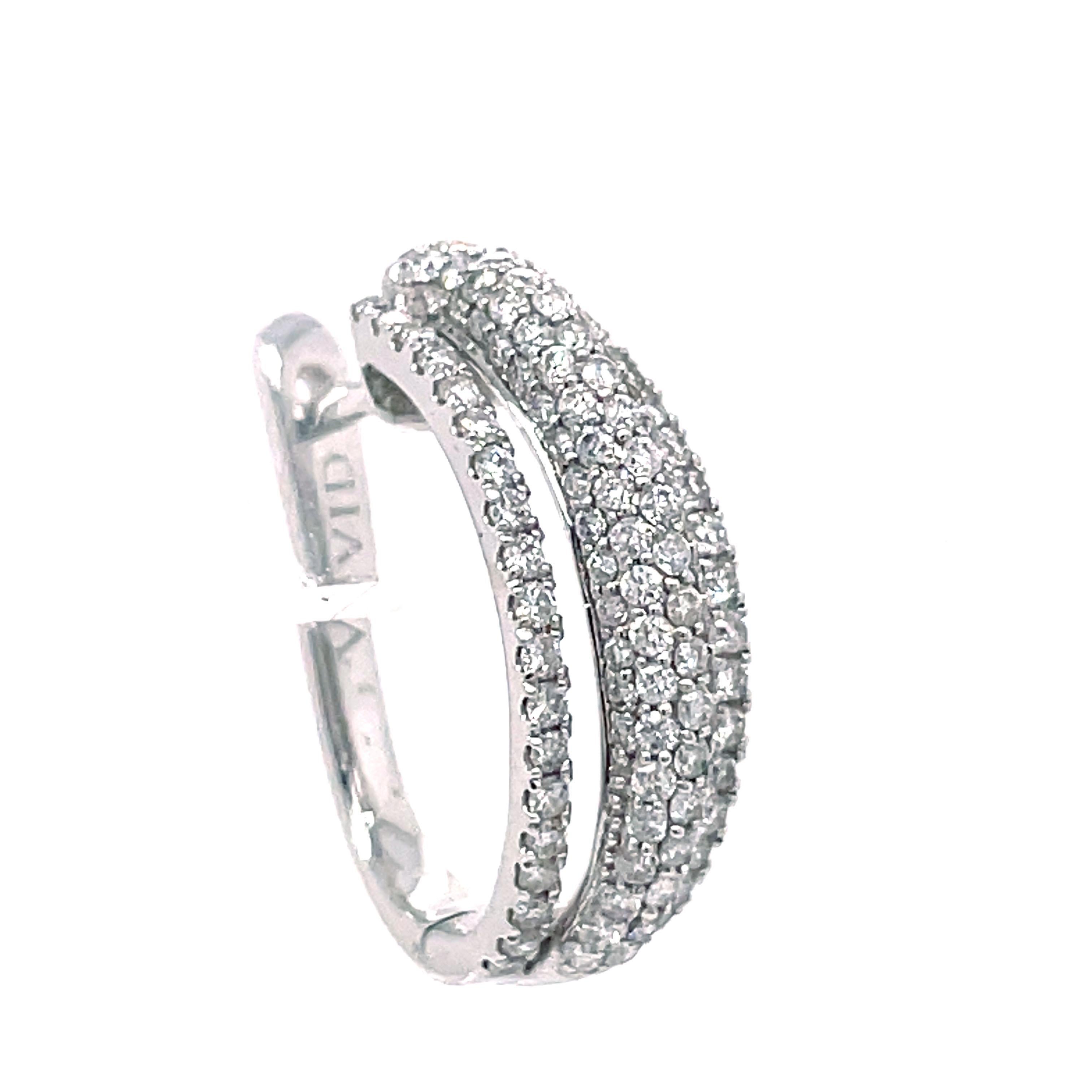 Round Cut Three Row Pave 1.28 Carat Diamond Hoop 18K White Gold Earrings  For Sale