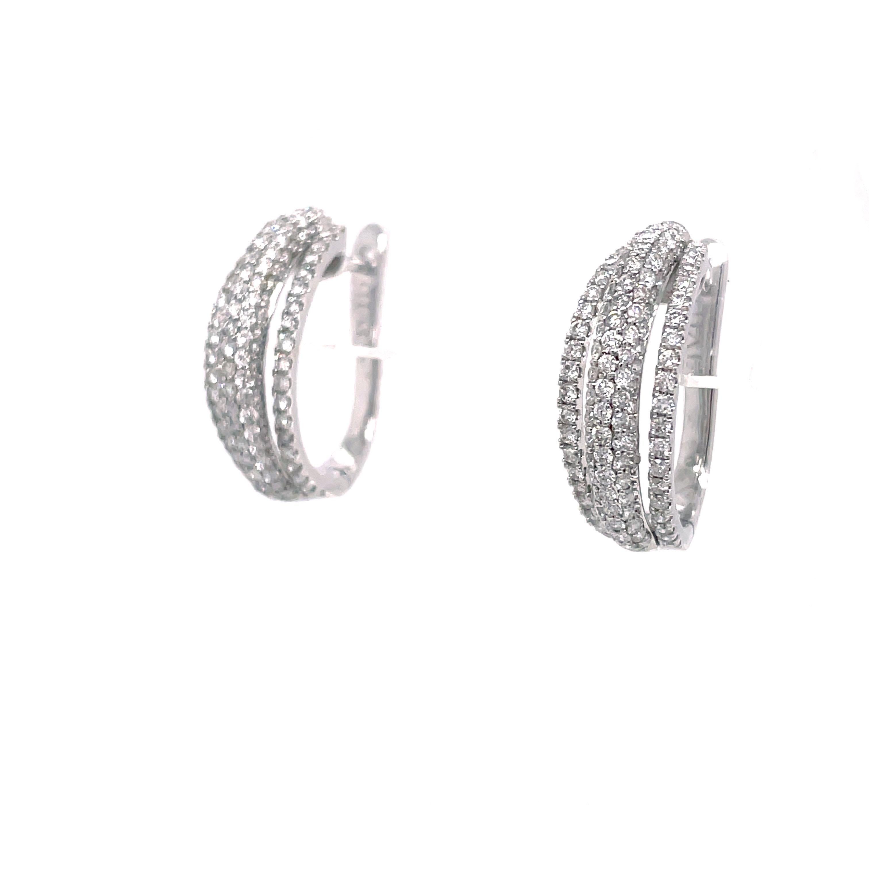 Three Row Pave 1.28 Carat Diamond Hoop 18K White Gold Earrings  In Excellent Condition For Sale In Lexington, KY