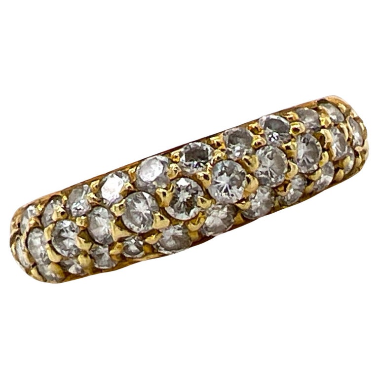 Three Row Pavé Diamond 18 Karat Yellow Gold Wedding Band Ring For Sale
