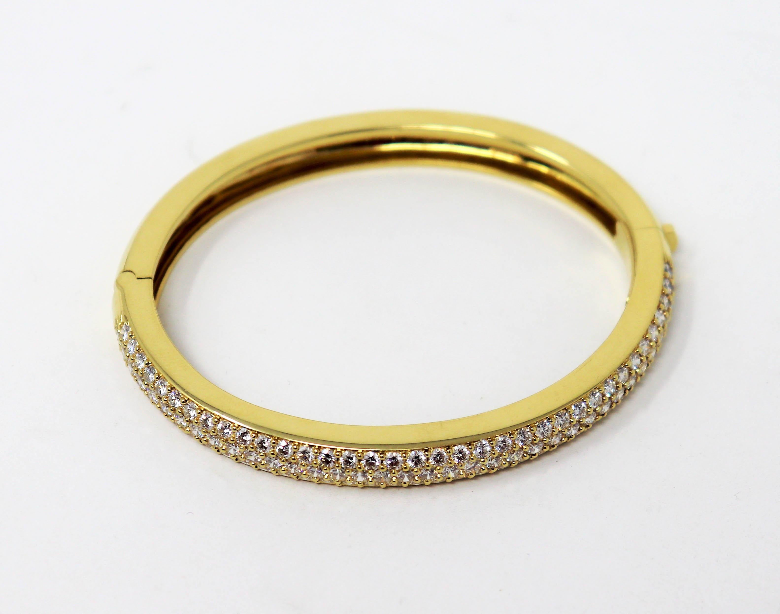 Contemporary Three Row Pave Diamond Hinged Bangle Cuff Bracelet in 18 Karat Yellow Gold