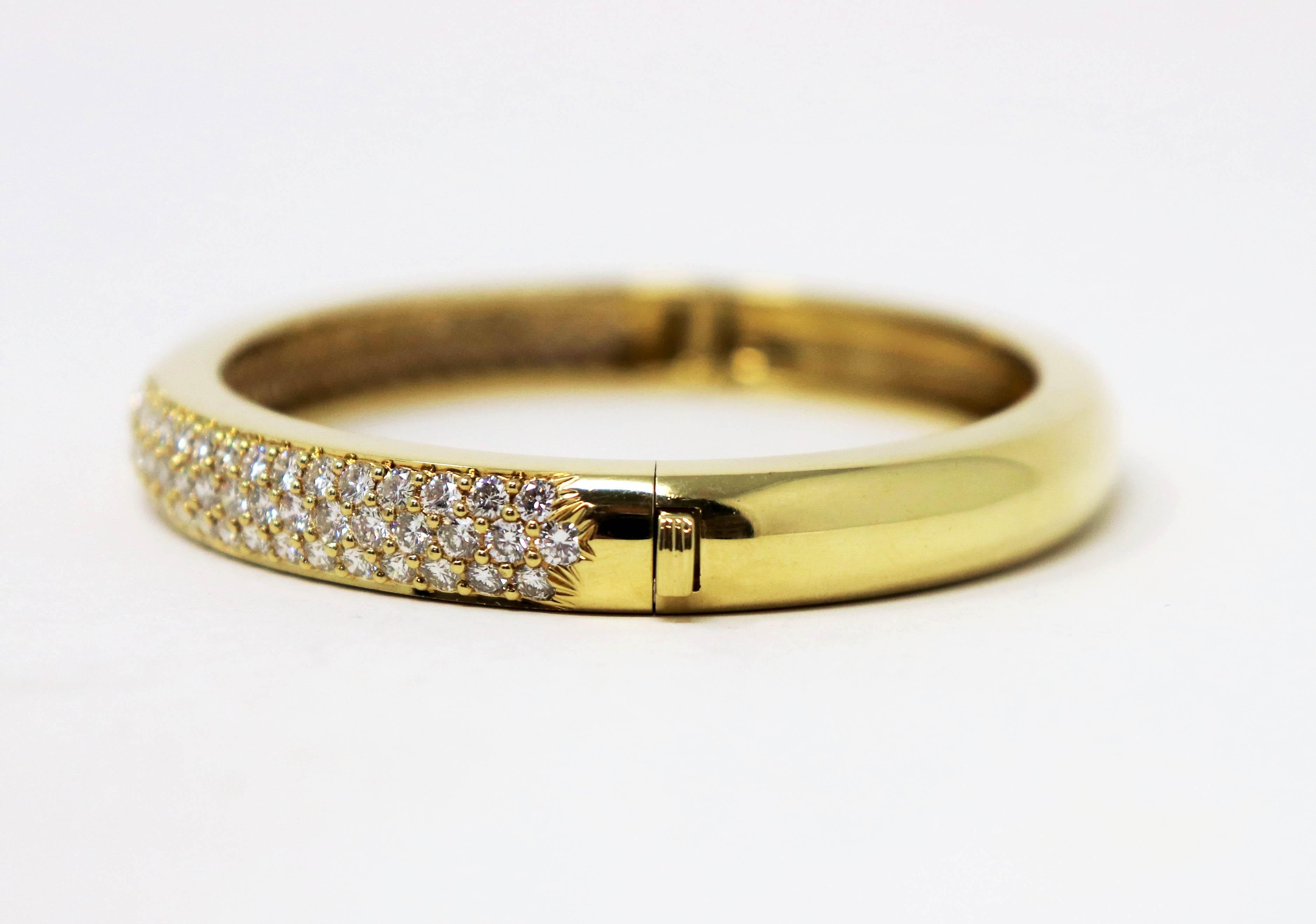 Round Cut Three Row Pave Diamond Hinged Bangle Cuff Bracelet in 18 Karat Yellow Gold