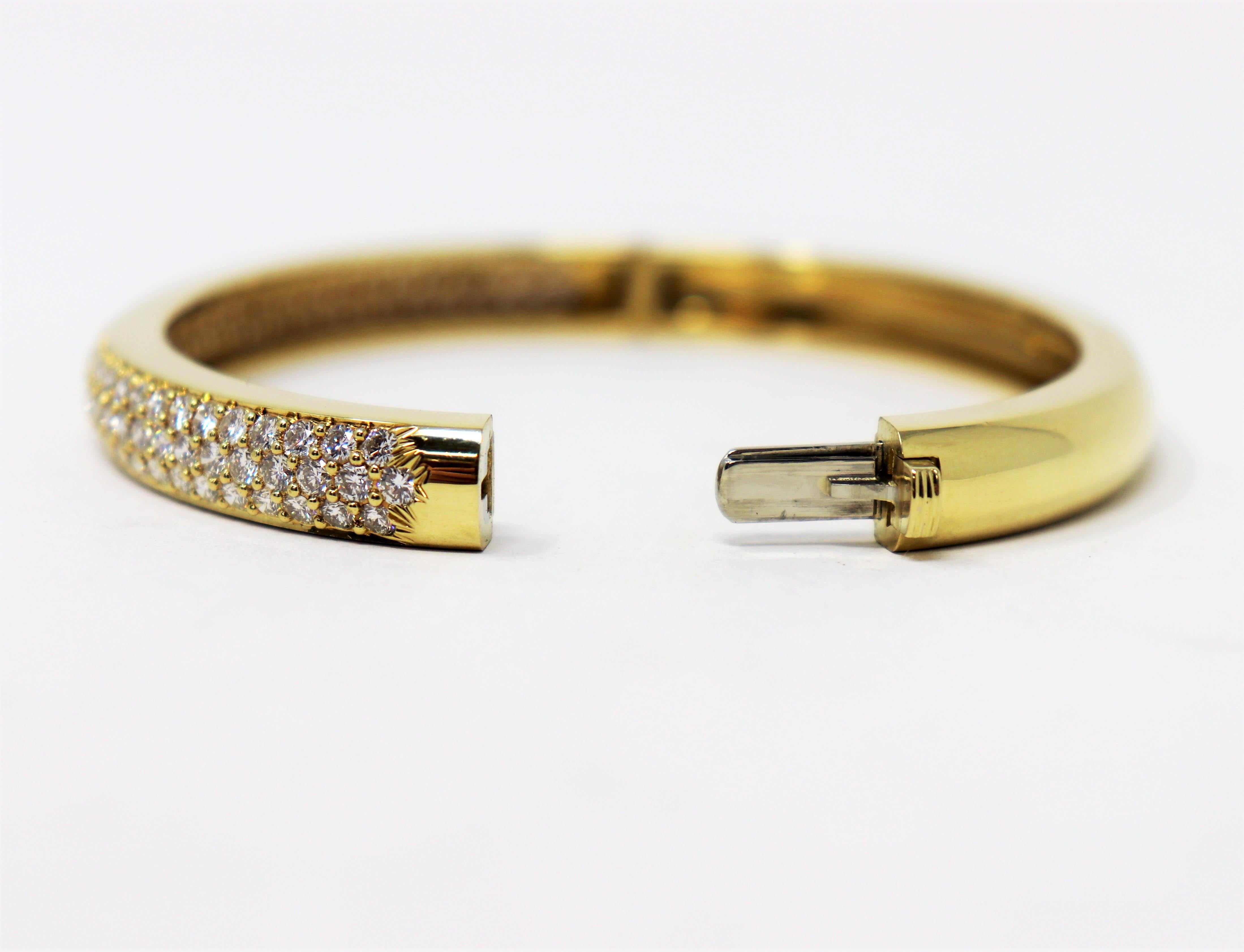 Women's Three Row Pave Diamond Hinged Bangle Cuff Bracelet in 18 Karat Yellow Gold