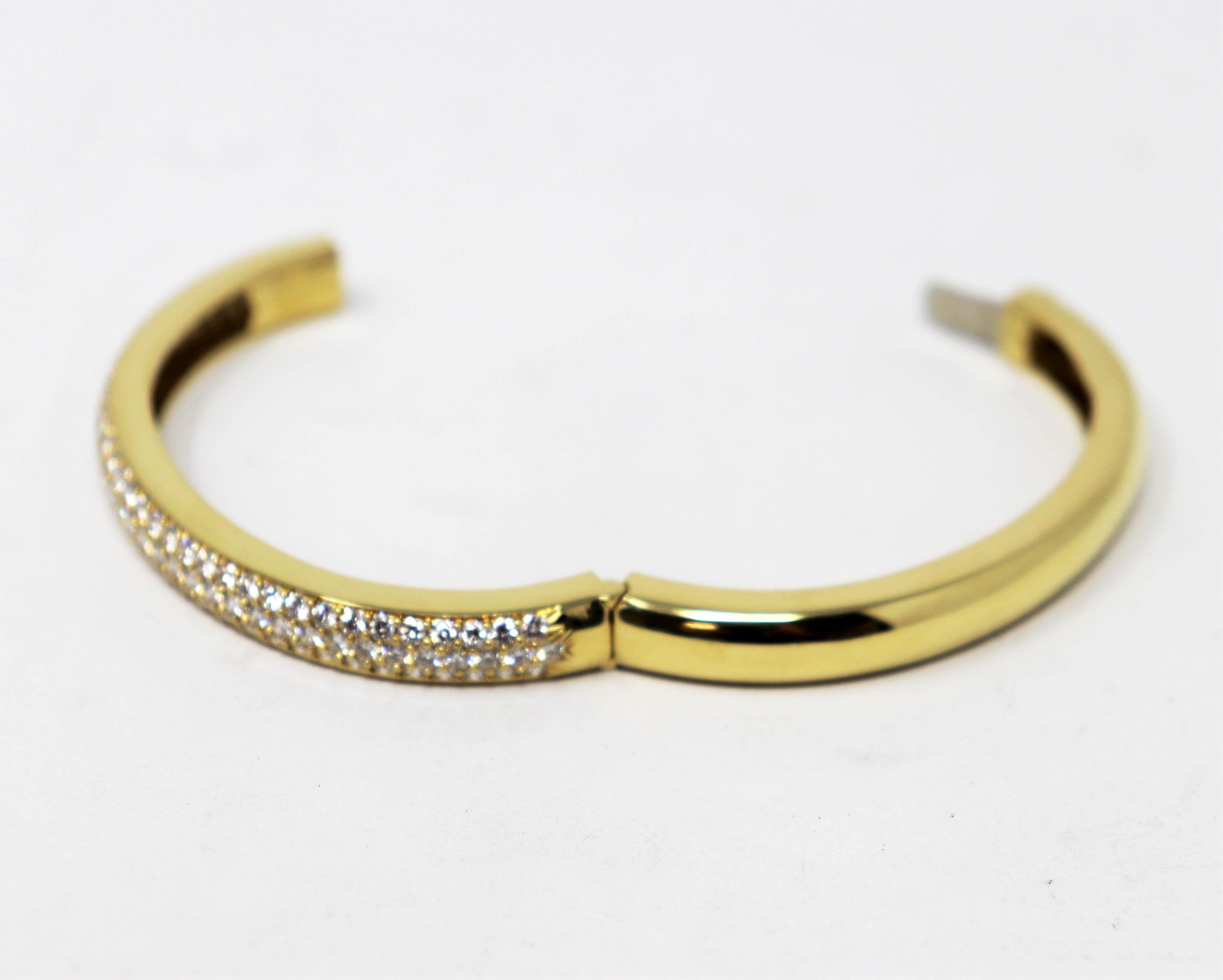 Three Row Pave Diamond Hinged Bangle Cuff Bracelet in 18 Karat Yellow Gold 1