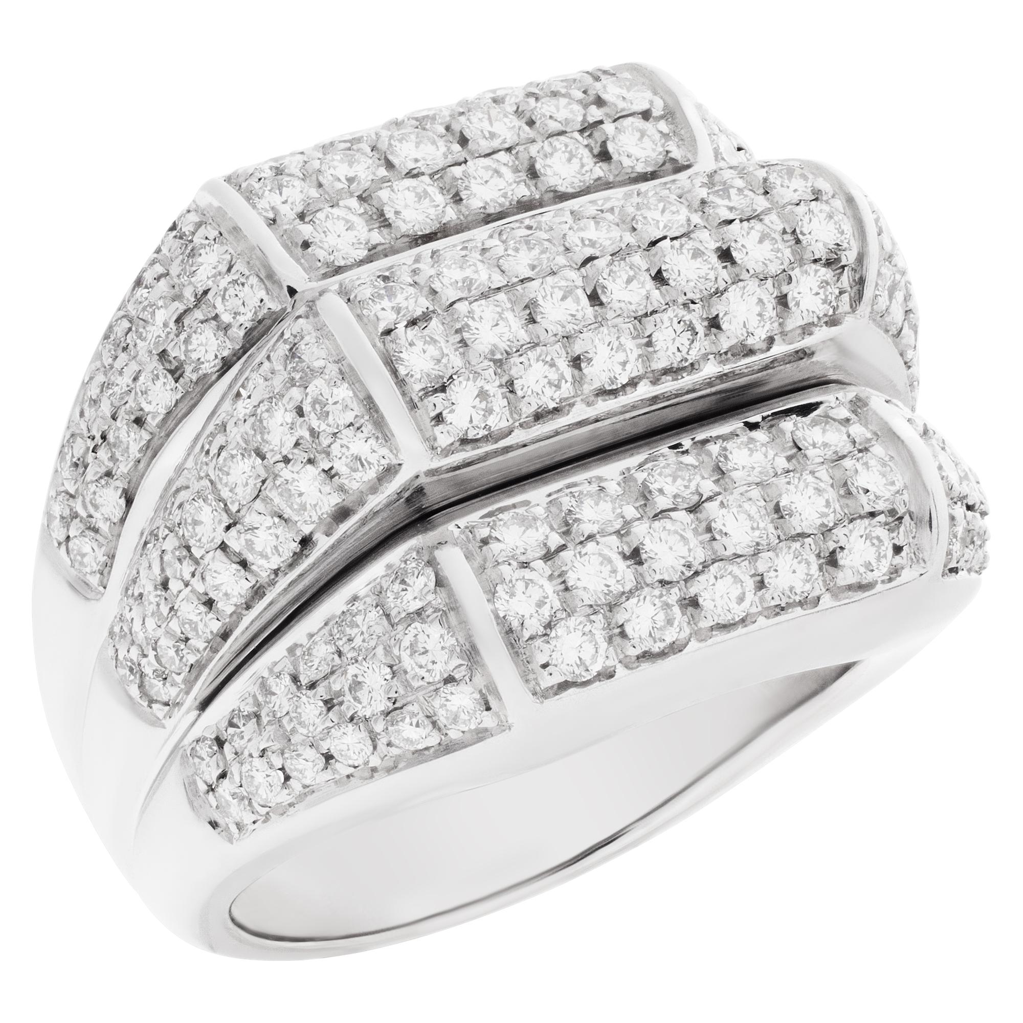 Three-Row Pave Diamond Ring in 18k White Gold In Excellent Condition For Sale In Surfside, FL
