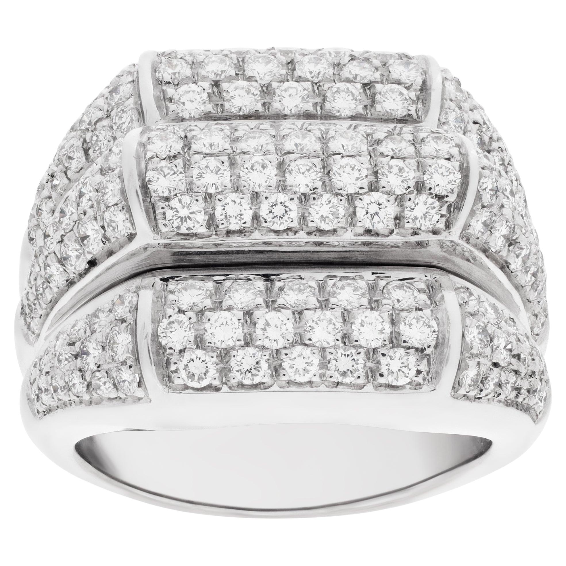 Three-Row Pave Diamond Ring in 18k White Gold For Sale