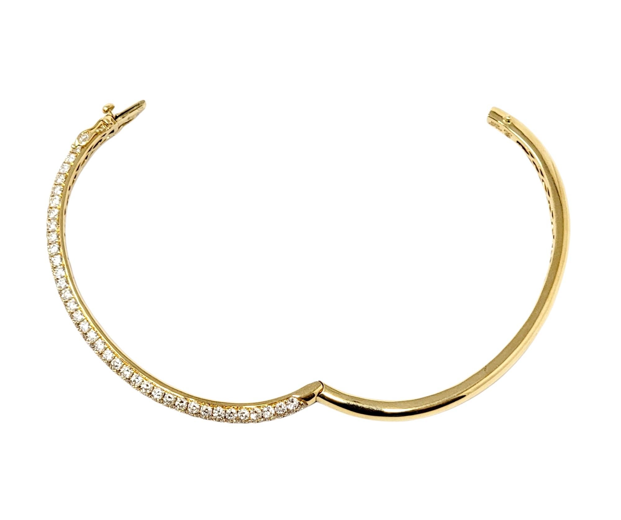 Three Row Pave Diamond Thin Hinged Bangle Bracelet in 18 Karat Yellow Gold For Sale 3